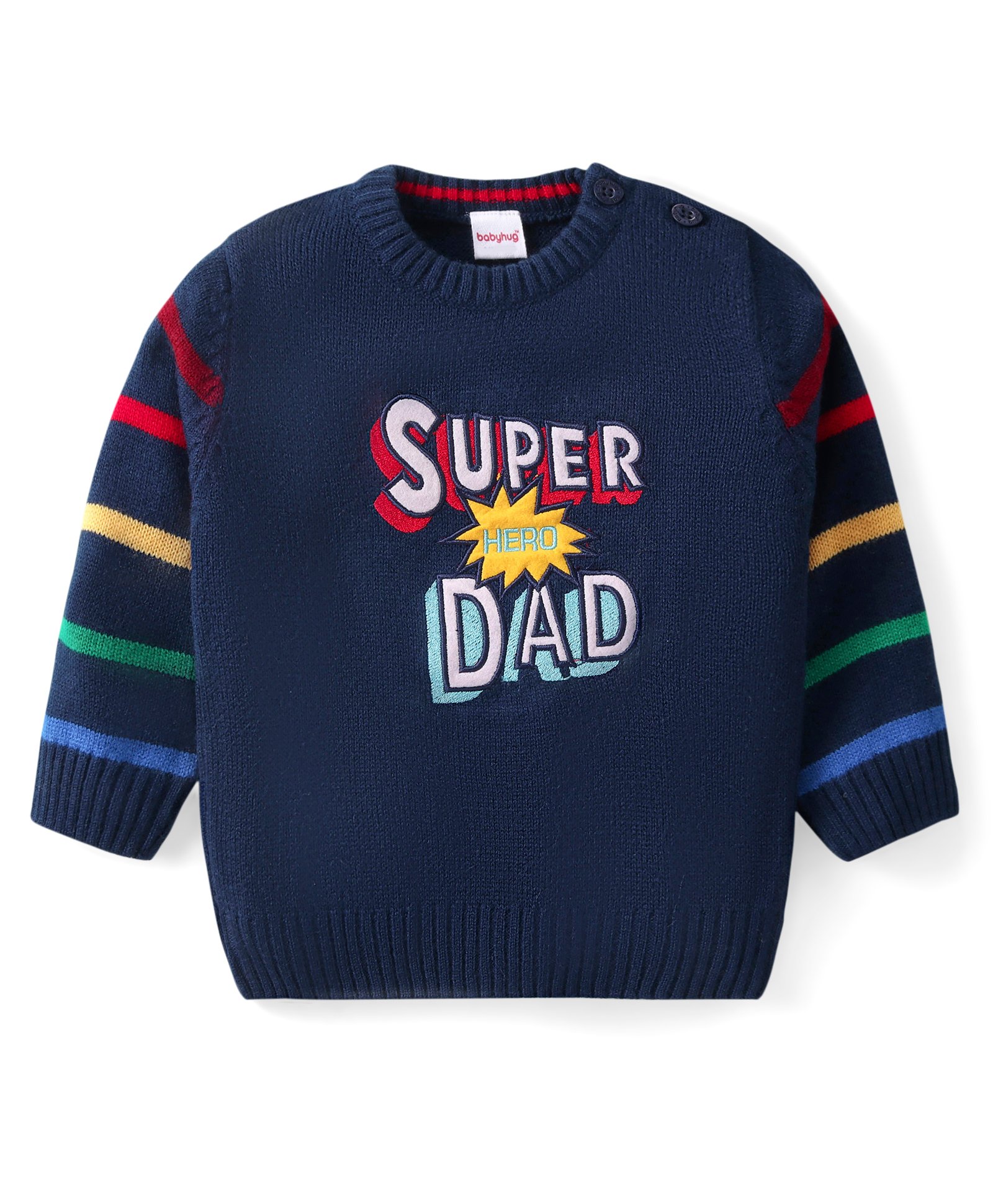 Babyhug Knitted Full Sleeves Pullover Striped Designed Sweater with Text Embroidery - Navy Blue-image-40
