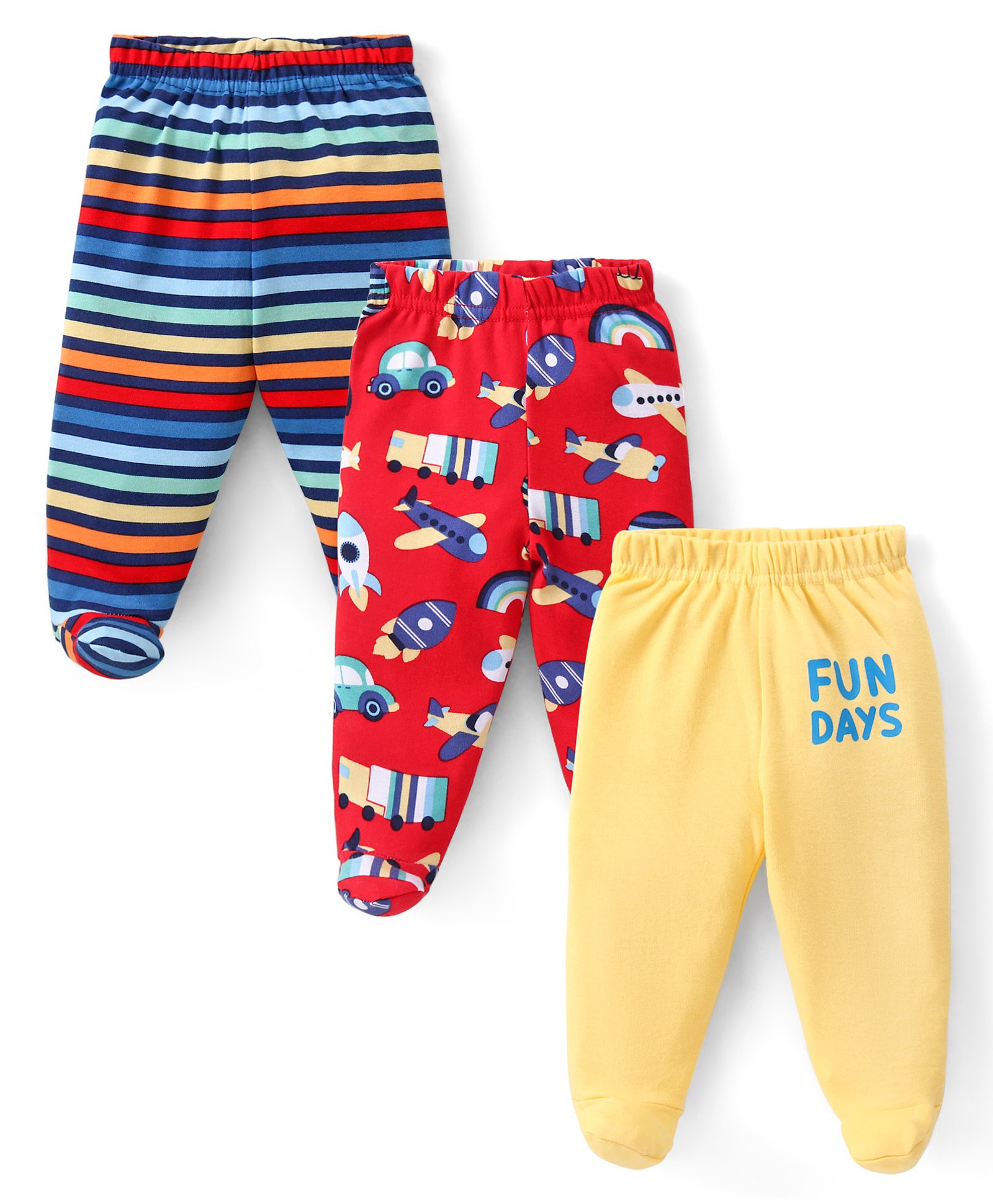 Babyhug Interlock Knit Striped Bootie Leggings with Vehicle & Text Print Pack of 3 - Multicolour-picture-27