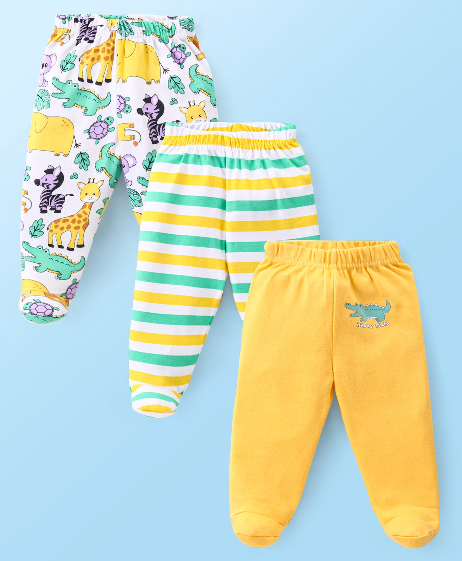 Babyhug Interlock Knit  Bootie Leggings with Striped & Animal Print Pack of 3 - Yellow & White-image-31