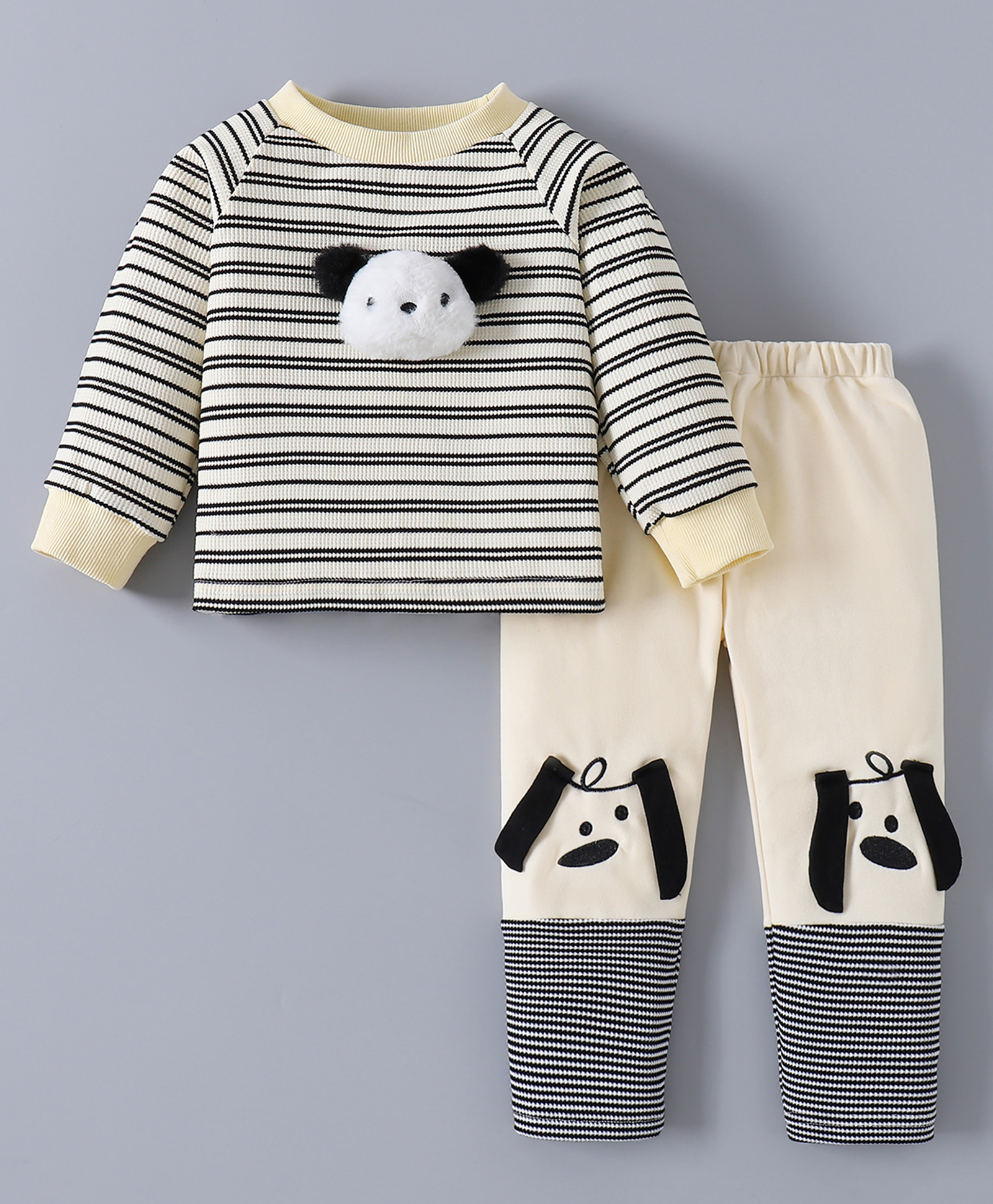 Kookie Kids Full Sleeves Striped Winter Wear Suit With Panda Applique - Black & Cream-picture-19