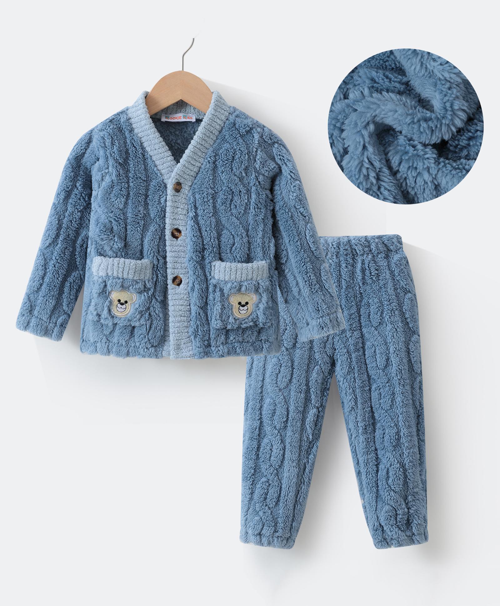Kookie Kids Full Sleeves Front Open Winter Wear Night Suit With Animals Applique - Blue-image-39