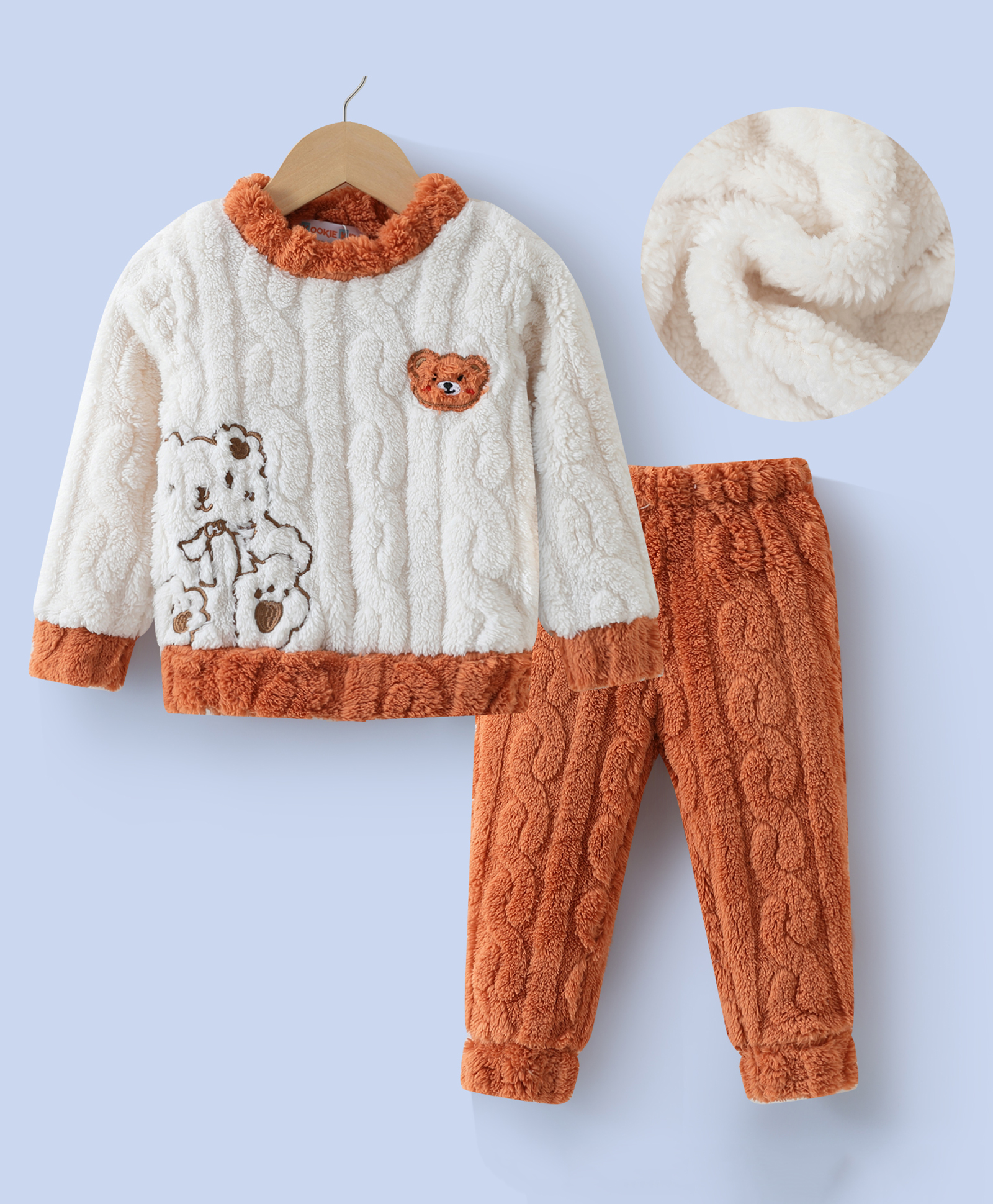 Kookie Kids Full Sleeves Winter Wear Night Suit With Teddy Applique - Brown & White-image-16