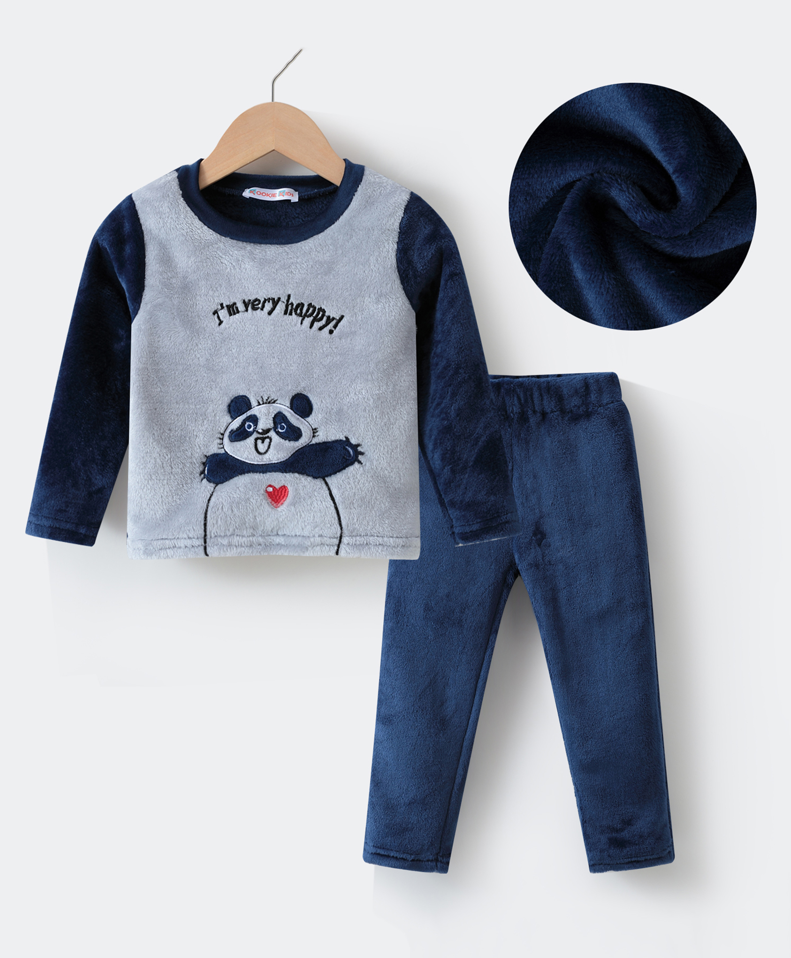 Kookie Kids Full Sleeves Winter Wear Night Suit With Panda Applique - Navy & Grey-image-48