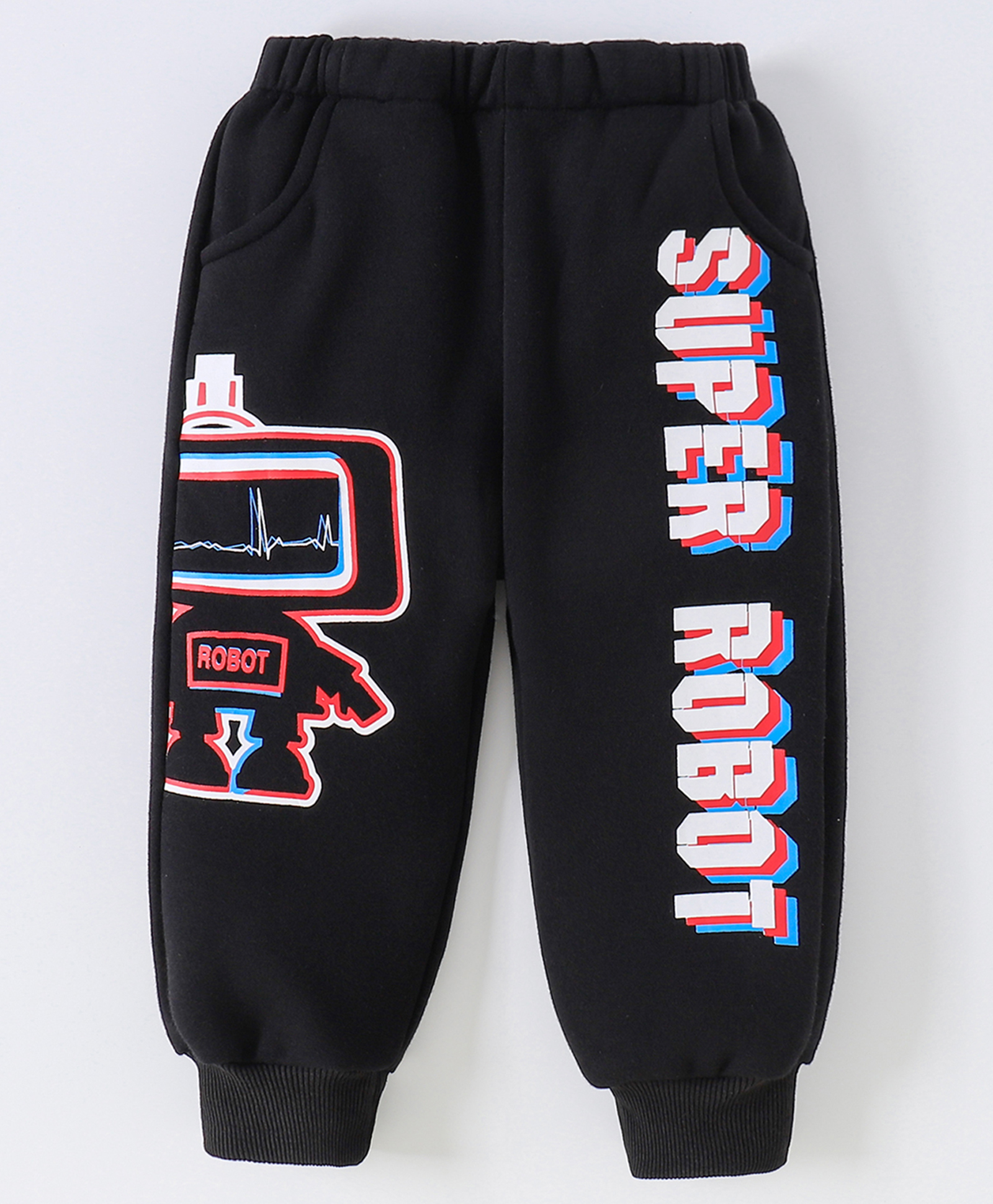 Kookie Kids Full Length Track Pant with Pockets & Robot Print - Black-picture-12
