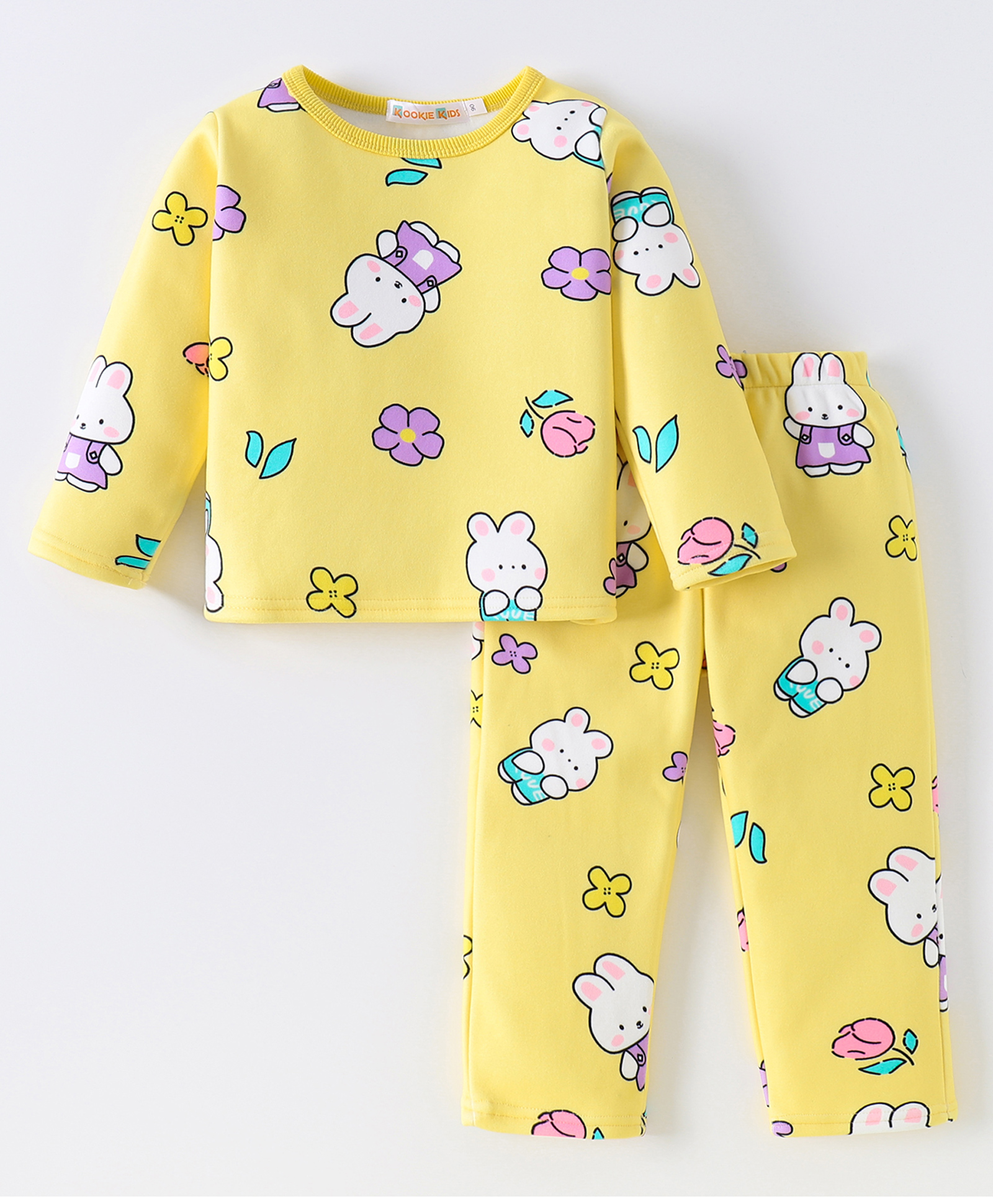 Kookie Kids Full Sleeves Winter Wear Night Suit With Bunny & Floral Print - Yellow-image-11