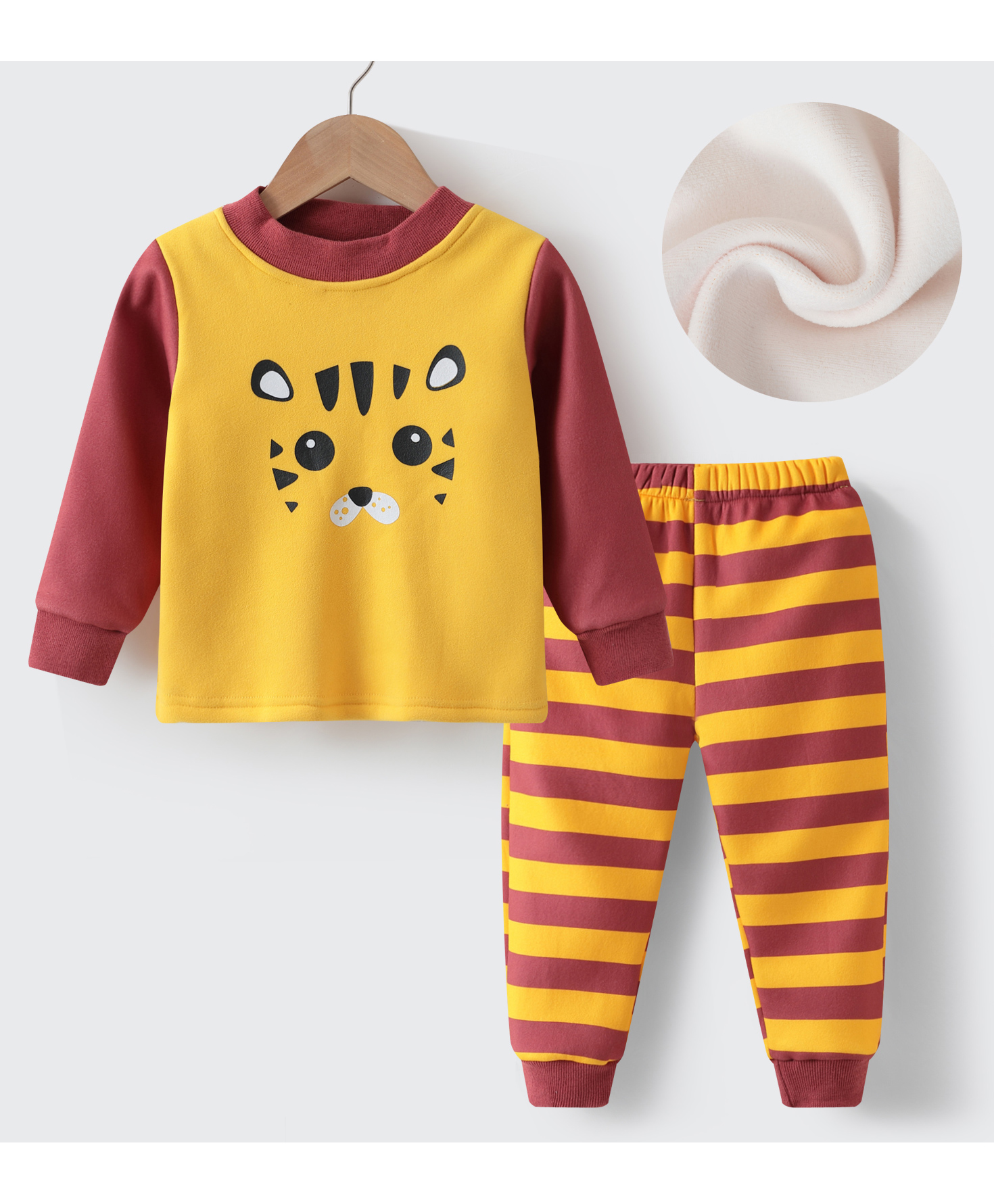 Kookie Kids Full Sleeves Winter Wear Night Suit With Stripes & Tiger Print - Yellow & Maroon-image-14