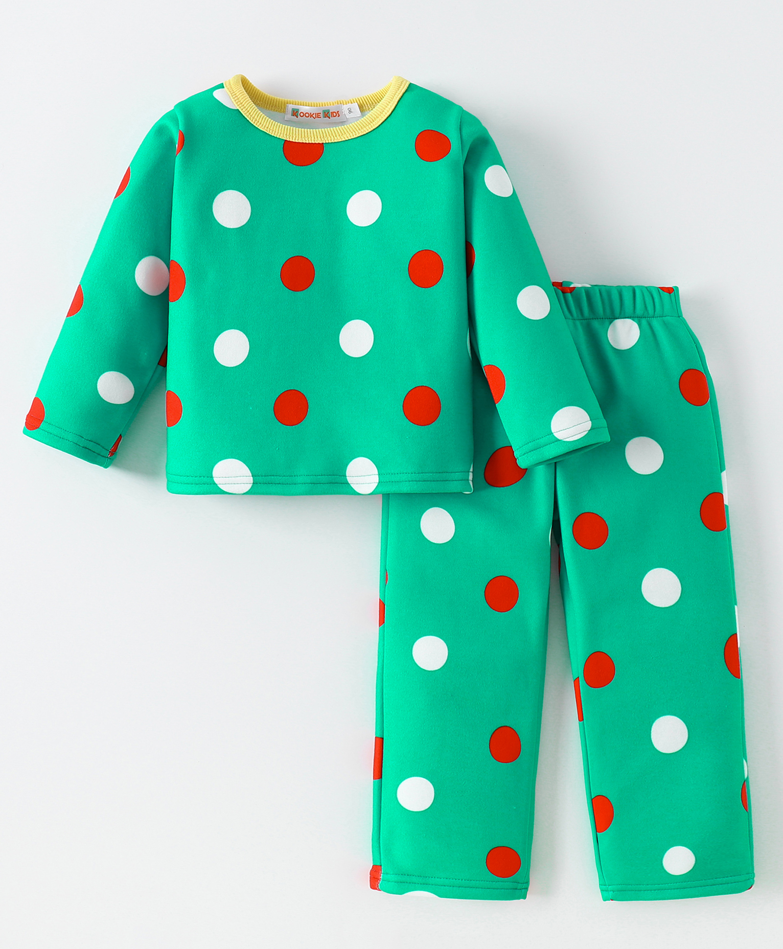 Kookie Kids Full Sleeves Polka Dots Winter Wear Night Suit - Green-image-34