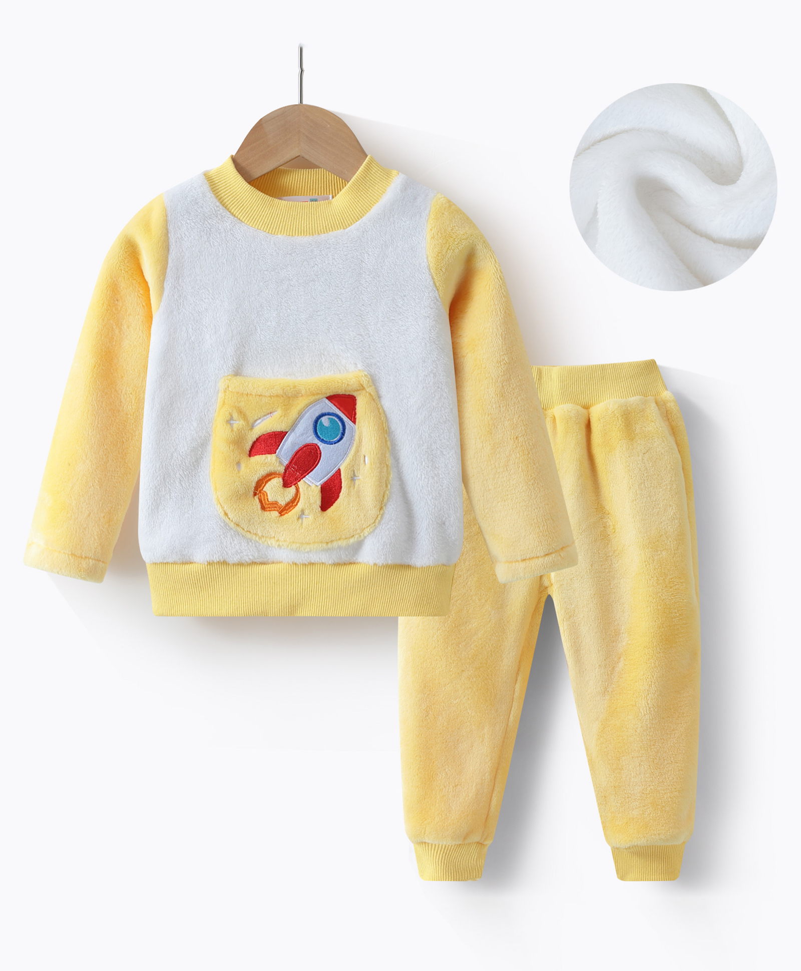 Kookie Kids Full Sleeves Winter Wear Night Suit With Rocket Applique - Yellow & White-image-12