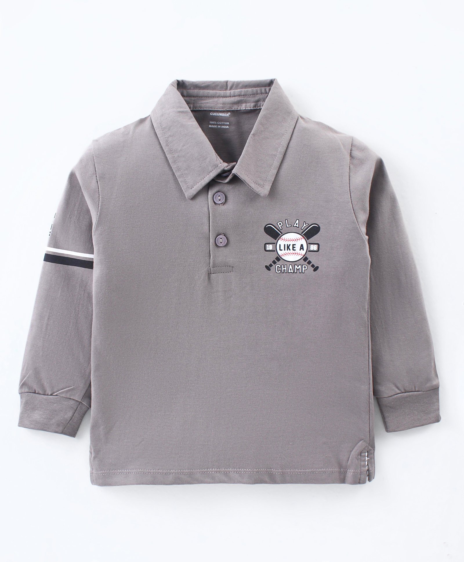 CUCUMBER Sinker Knit Full Sleeves Polo T-Shirt with Ball Print - Grey-image-5
