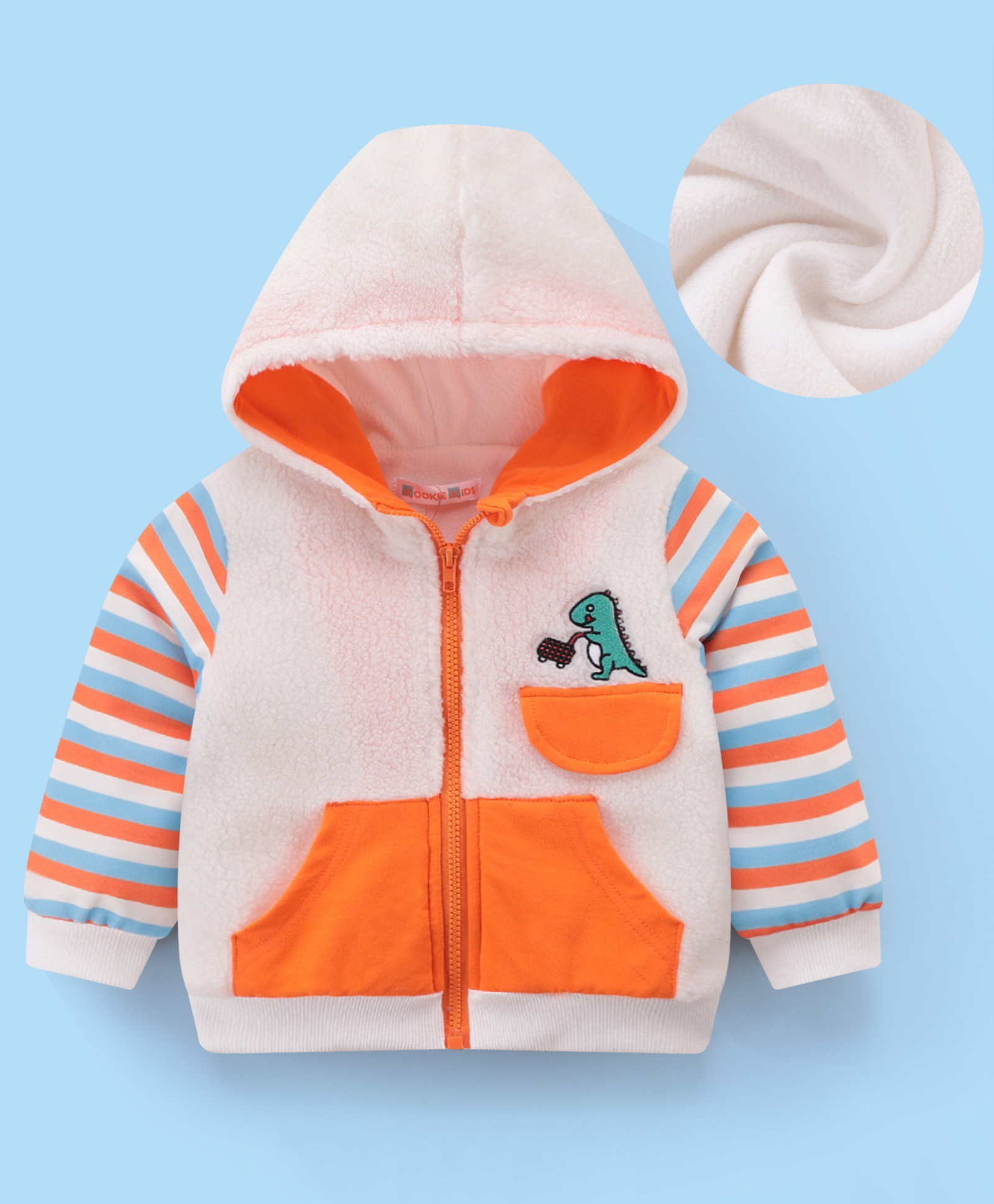 Kookie Kids Full Sleeves Front Open Hooded Winter Jacket with Stripes & Dino Patch Applique - Multicolour-picture-22