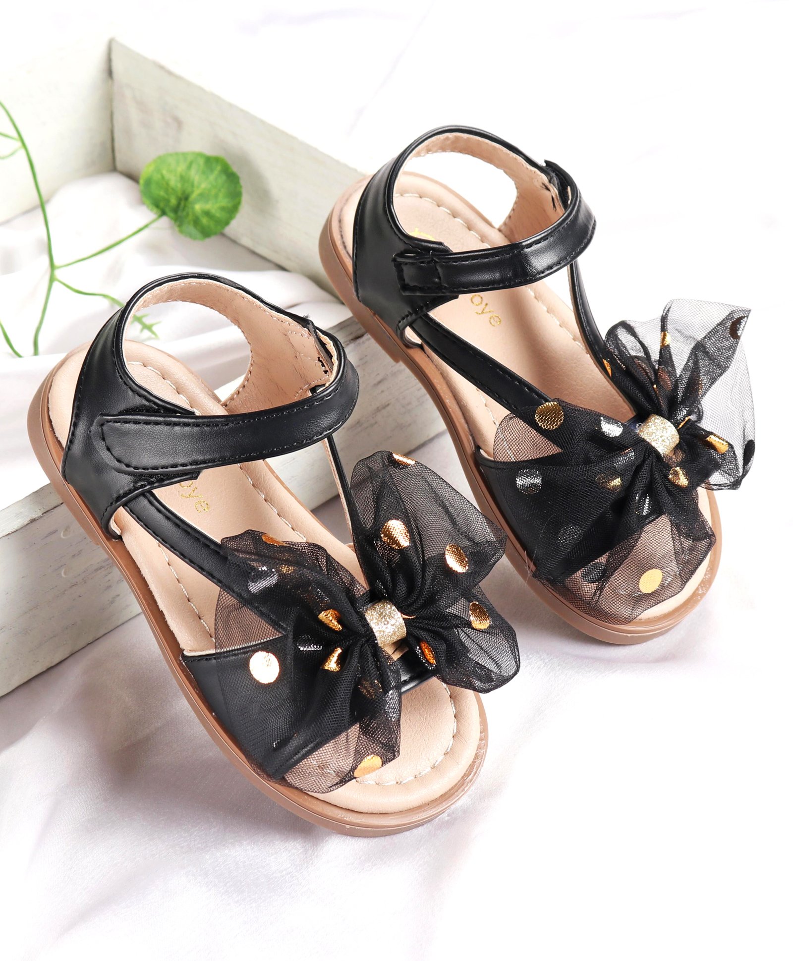 Babyoye Sandals with Velcro Closure & Bow Applique - Black-picture-26