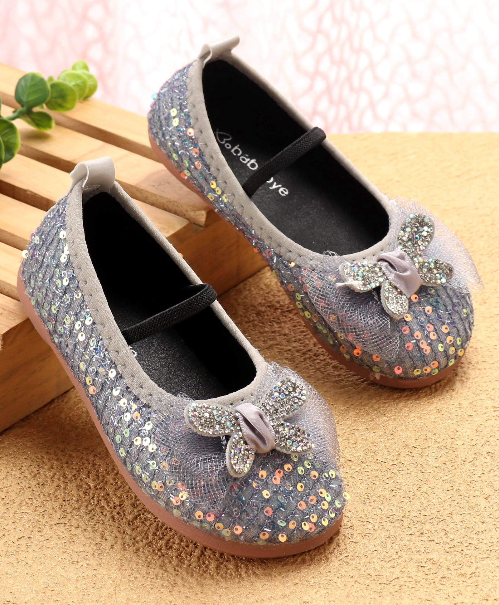Babyoye Slip On Sequinned Ballerinas with Butterfly Applique - Grey-picture-26