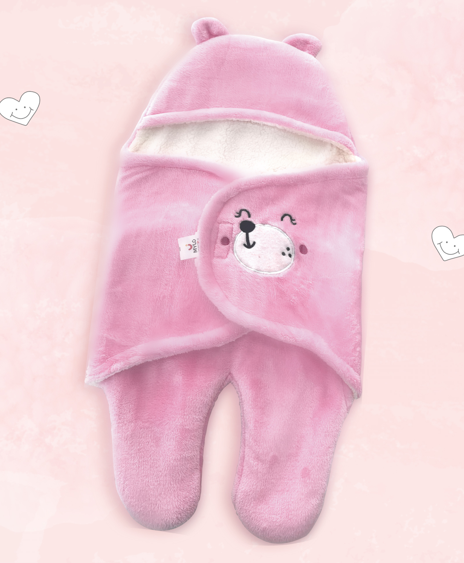 Mylo Essentials Ultra-Soft Cute BabySwaddling Wrapper, Sleeping Bag Cum All Season Ac Blanket -Multipurpose, Android Hoodie Teddy Bear|0-6 Months (Light Pink)-image-40