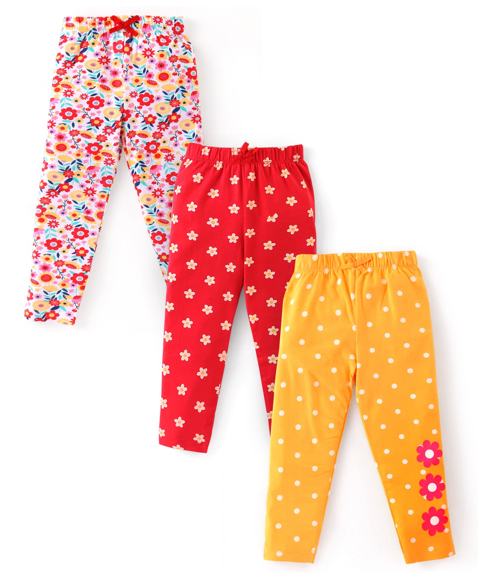 Babyhug Cotton Knit Full Length Leggings With Floral & Polka Dots Print Pack Of 3 - Yellow Red & Off White-picture-26