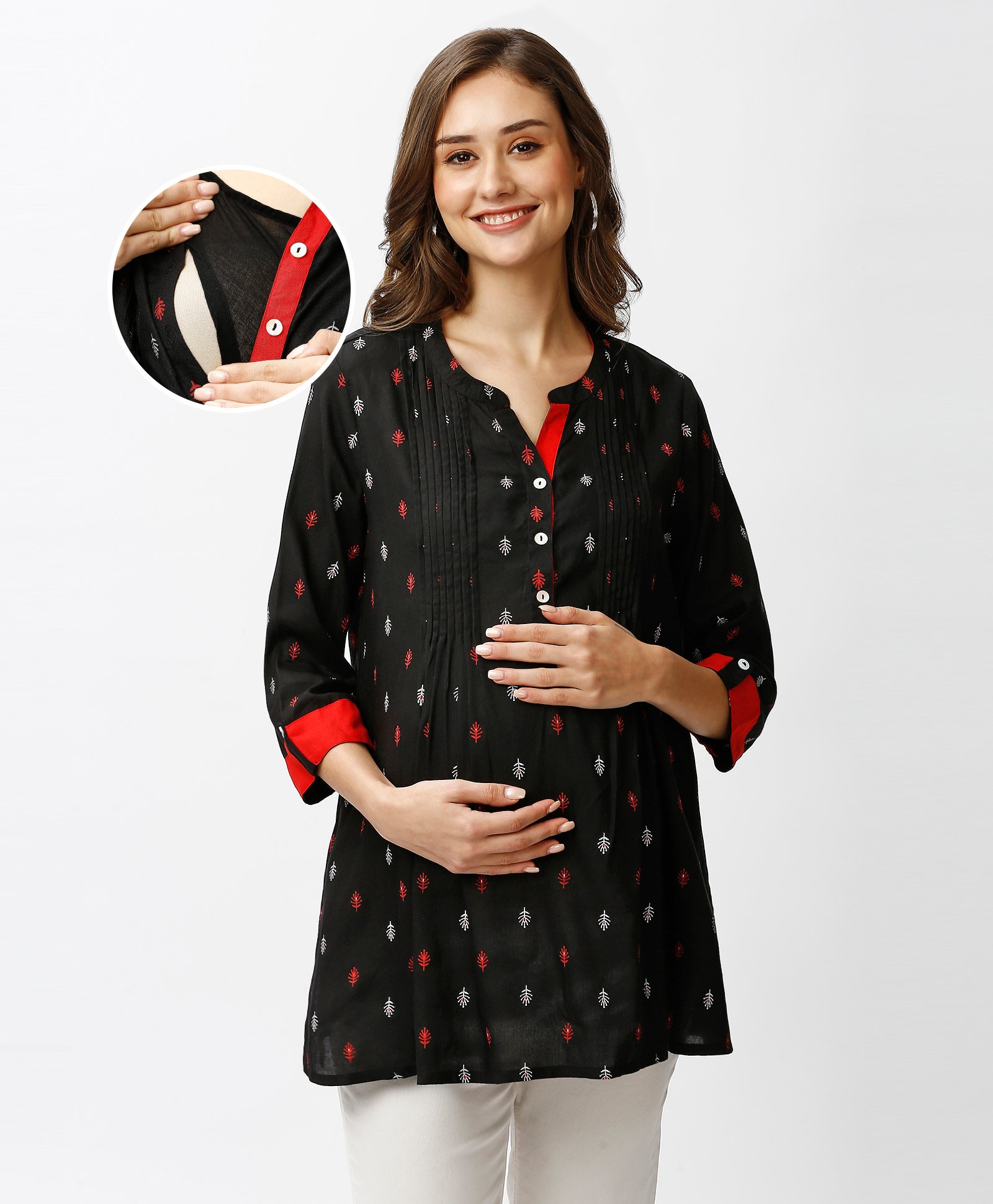 Bella Mama Woven Three Fourth Sleeves Notch Neck Front Open Floral Printed Maternity Top With Side Pockets - Black