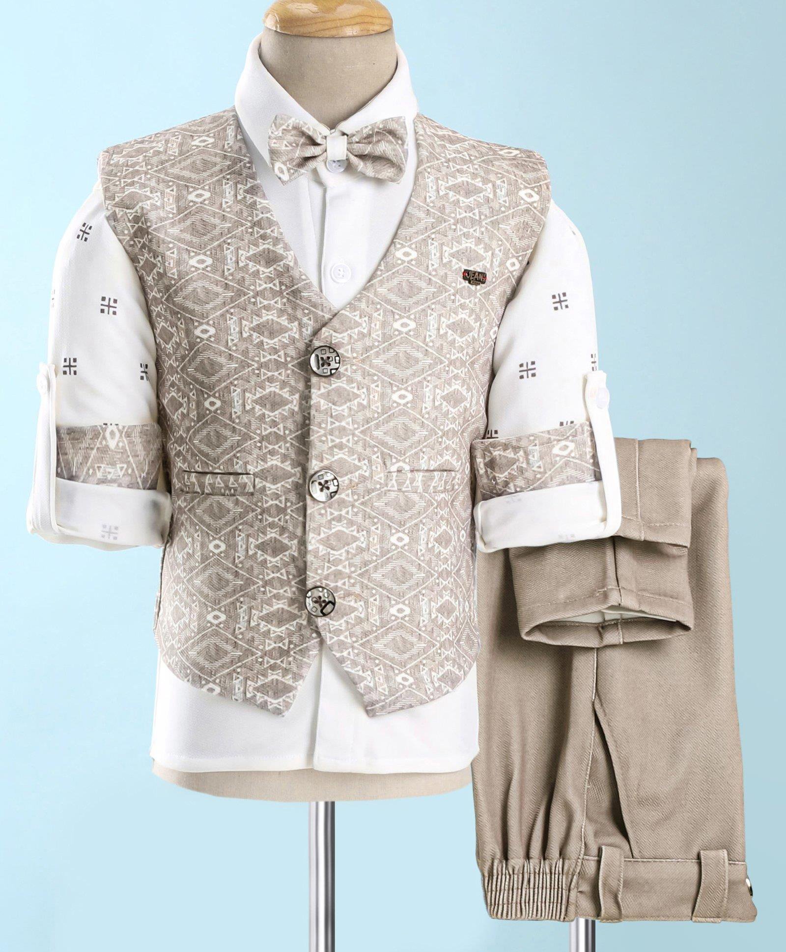 Rikidoos Full Sleeves Abstract Printed 3 Piece Party Suit - Fawn & White-image-10