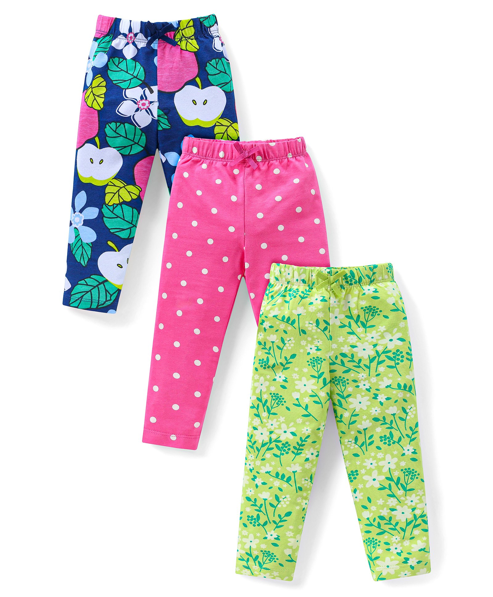 Babyhug Cotton Lycra Knit Full Length Leggings With Floral & Polka Dots Print Pack Of 3 - Navy Light Green & Dark Pink-image-13