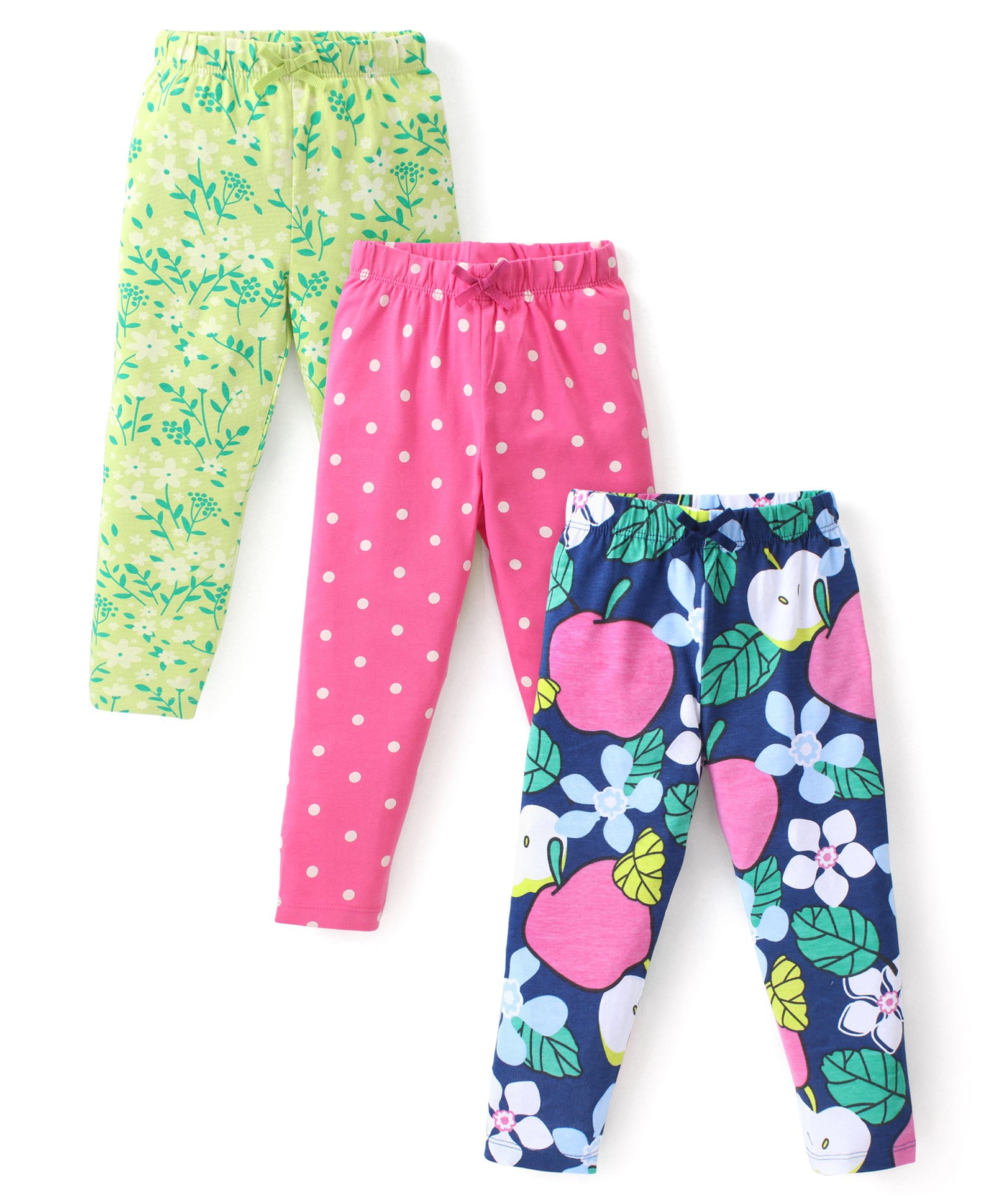 Babyhug Cotton Lycra Knit Full Length Leggings With Floral & Polka Dots Print Pack Of 3 - Navy Light Green & Dark Pink-picture-28