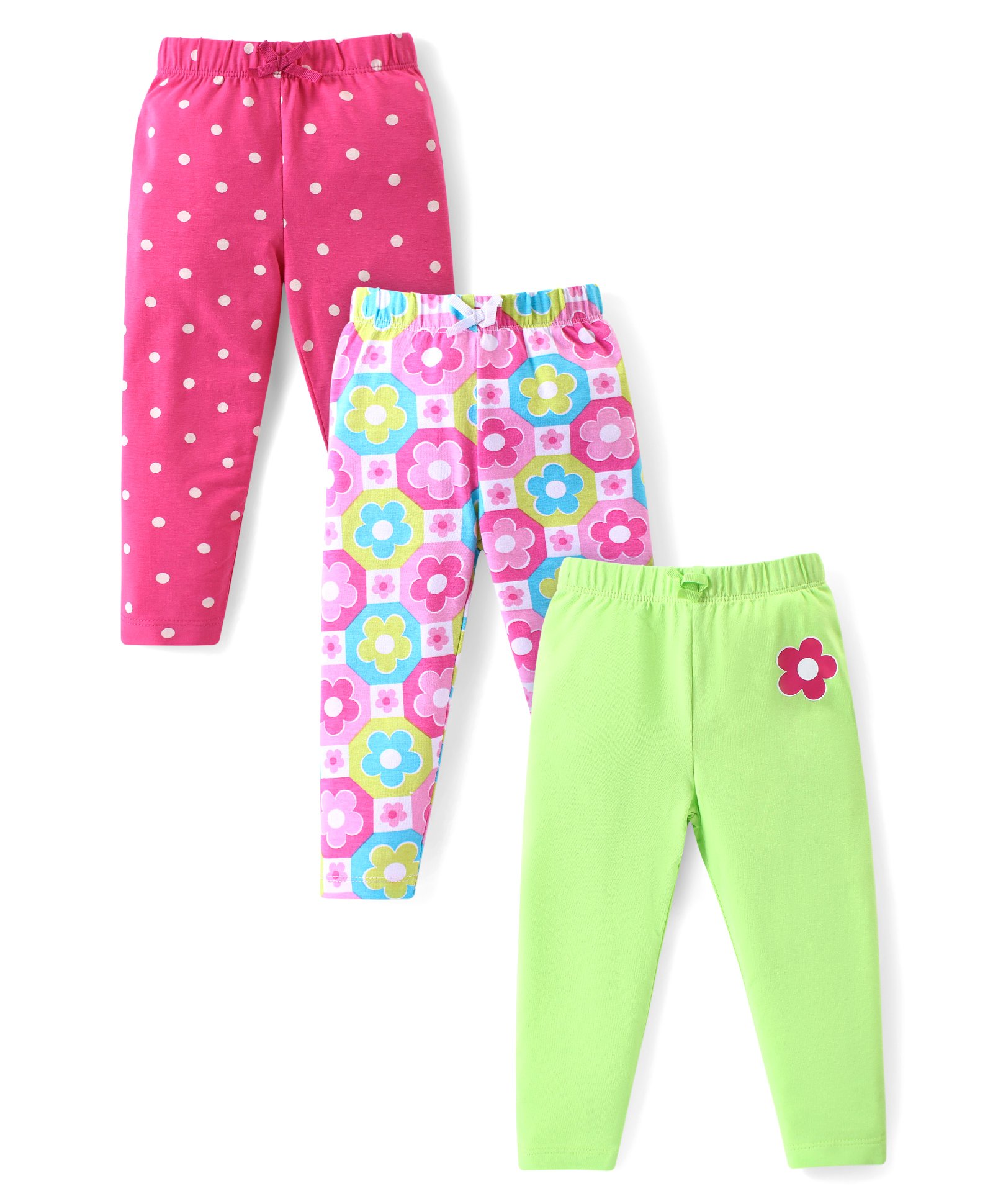Babyhug Cotton Lycra Full Length Skinny Fit Leggings Floral & Polka Dot Print Pack of 3 - Dark Pink White & Light Green-image-39