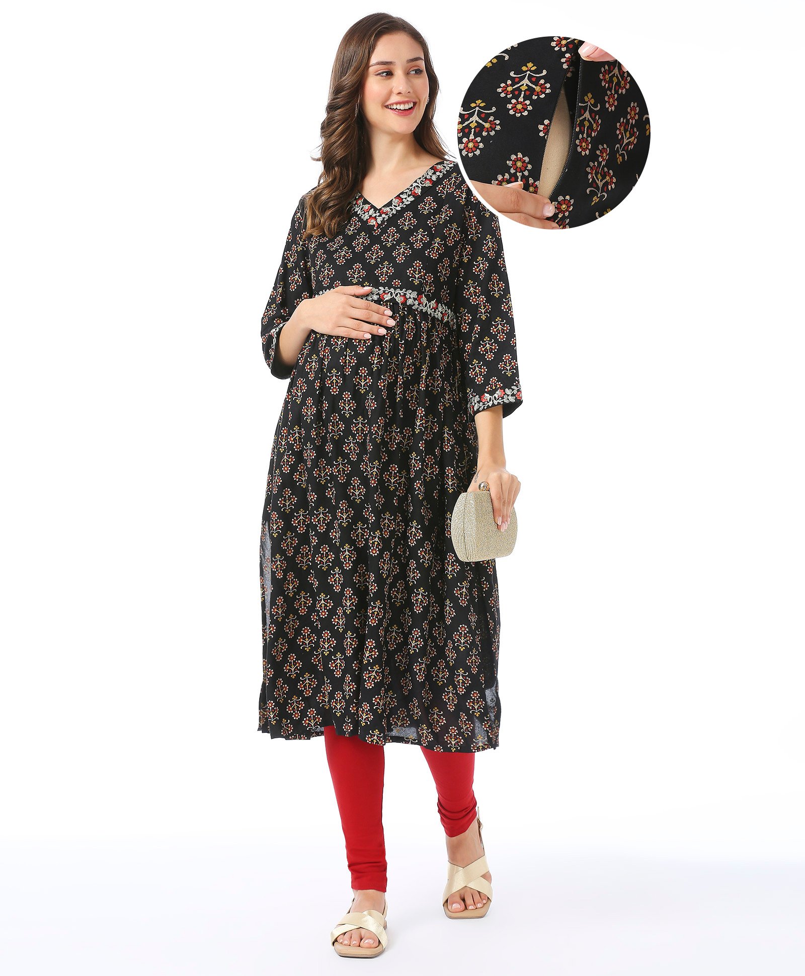 Bella Mama Woven Three Fourth Sleeves Maternity Kurta Floral Print with Embroidered Neck & Belt with Pocket - Black-image-17