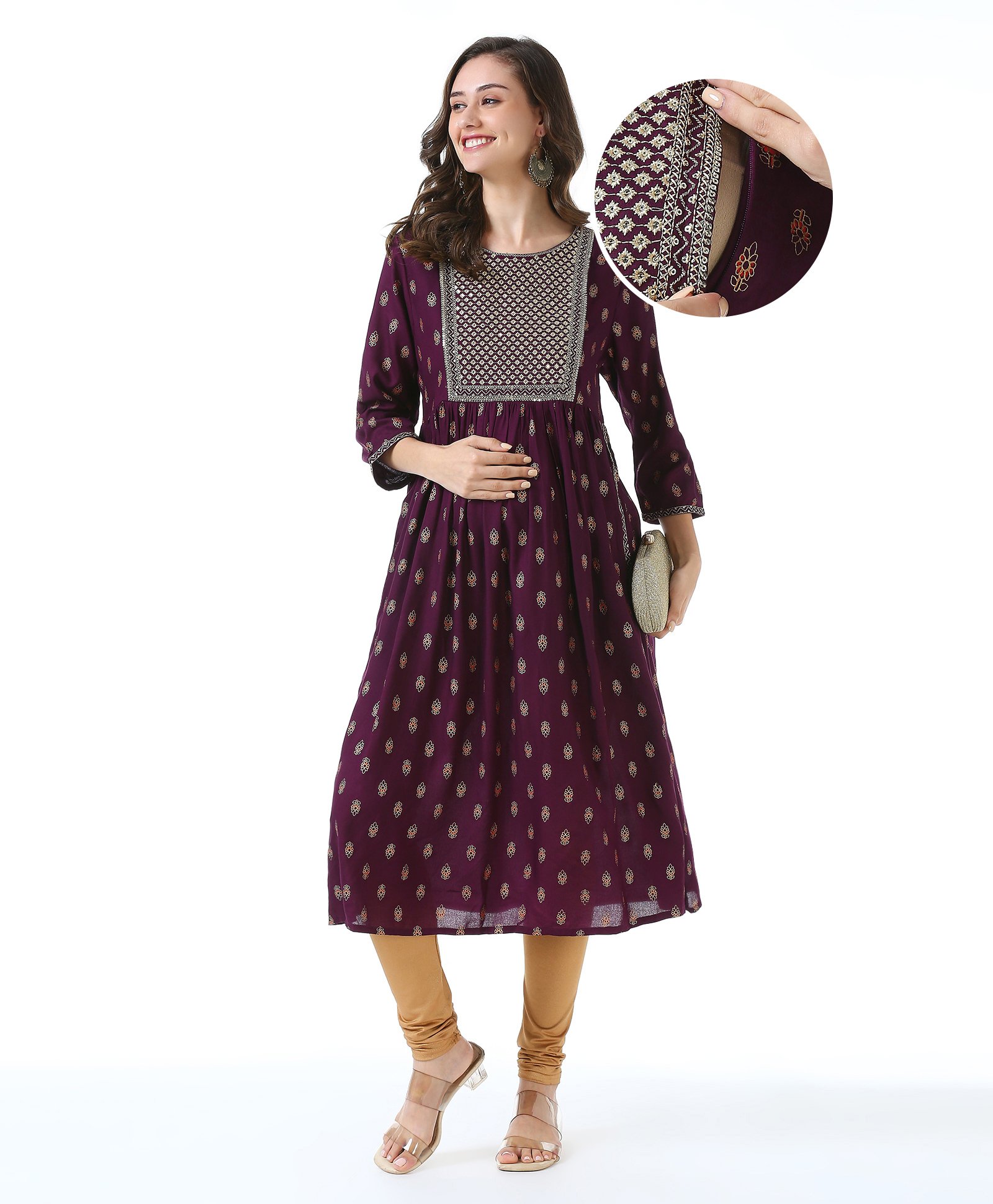 Bella Mama Woven Three Fourth Sleeves  Ethnic Maternity Kurti with Floral  Embroidered Yoke  & Pockets - Wine-image-48