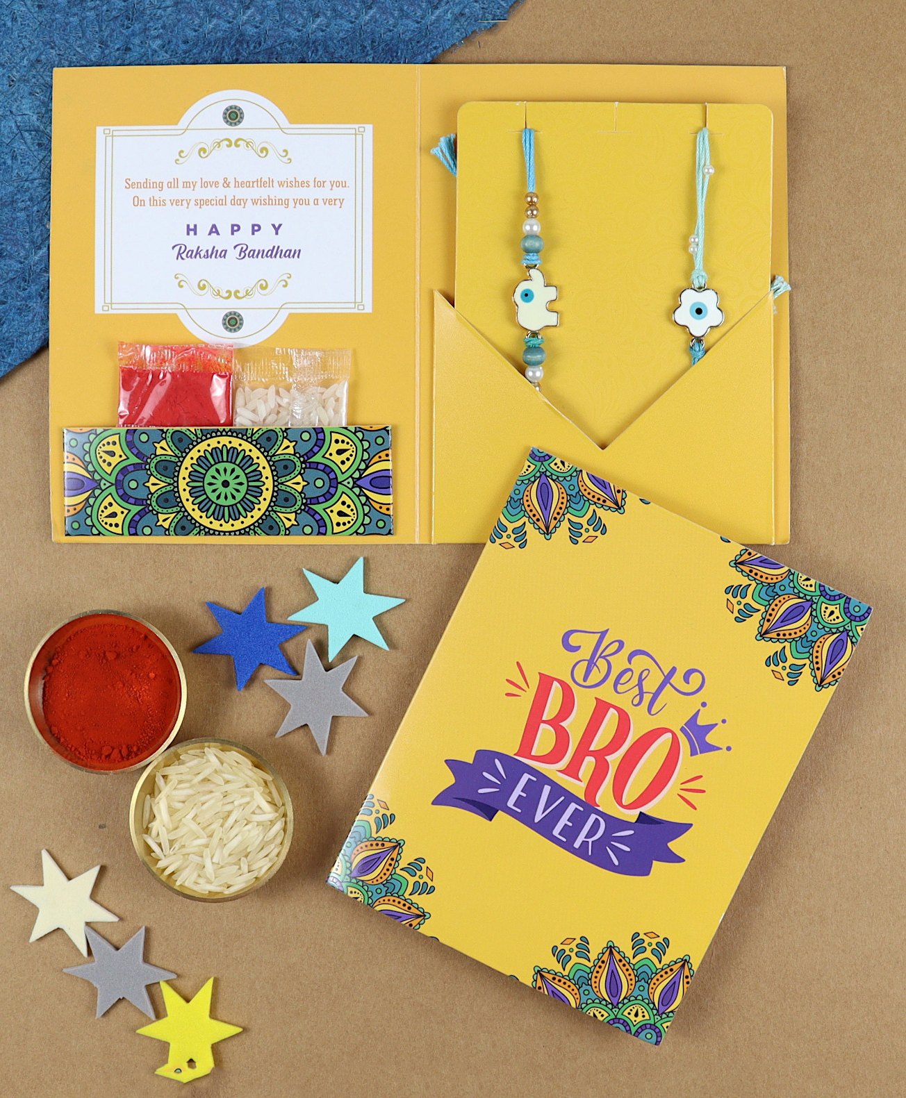 Asthetika  Set Of 2  Evil Eye Elephant & Flower Embellished Rakhis  In Greeting Card With Roli Chawal - Blue-picture-11