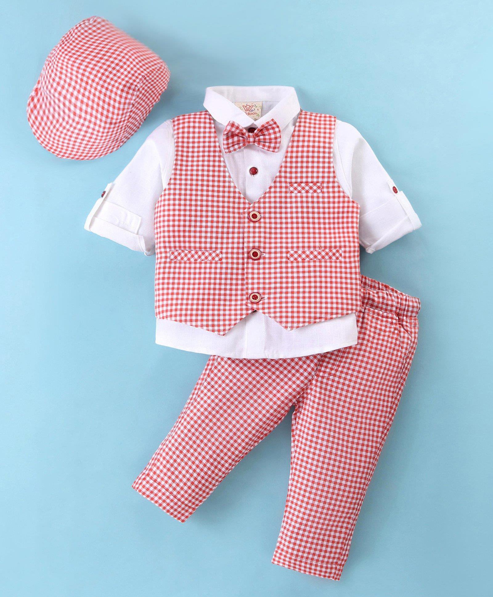 Rikidoos Full Sleeves Checked 3 Piece Party Suit - Orange & White-picture-4