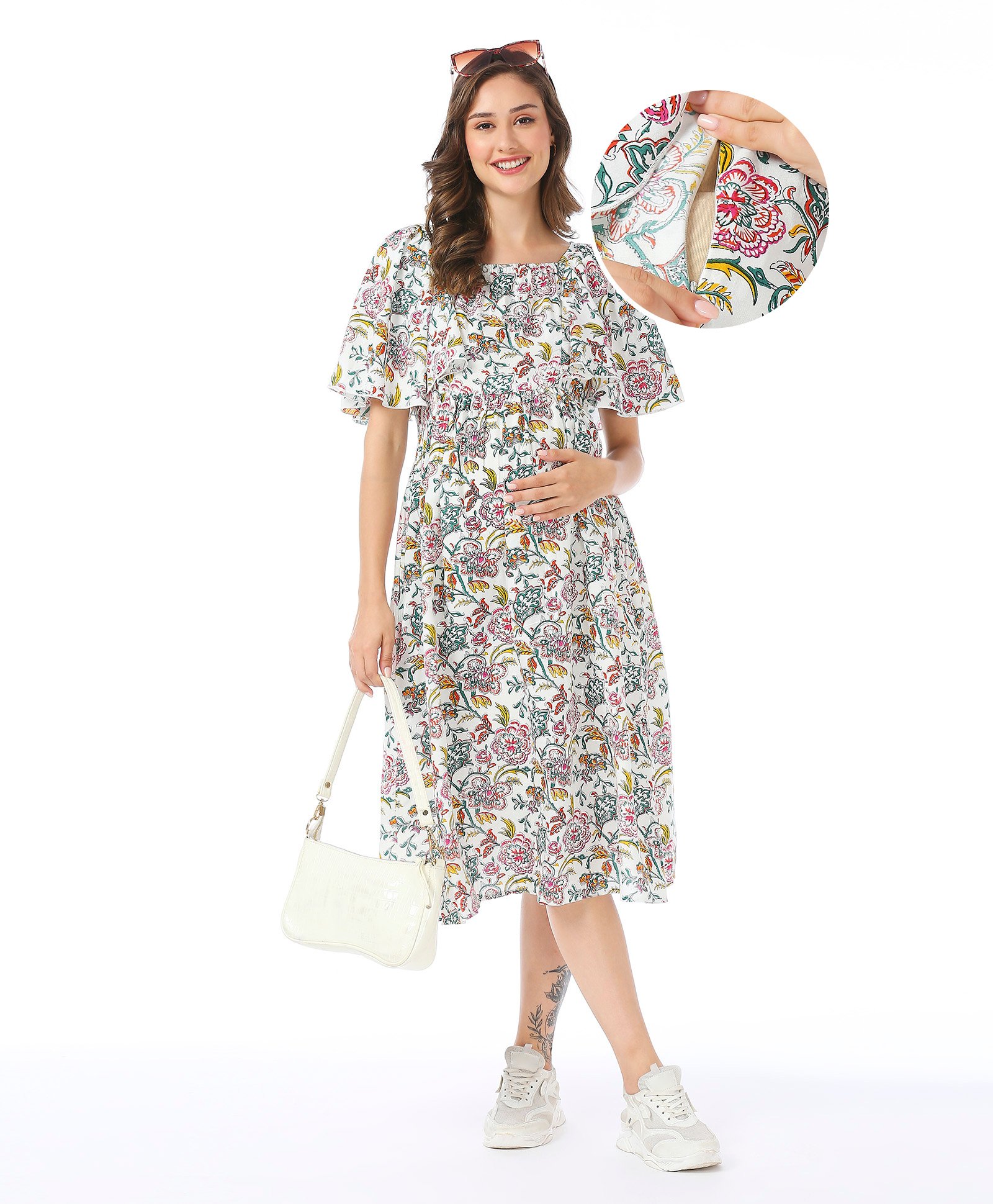 Bella Mama Woven Flutter Half Sleeves Maternity Dress Floral Print - White