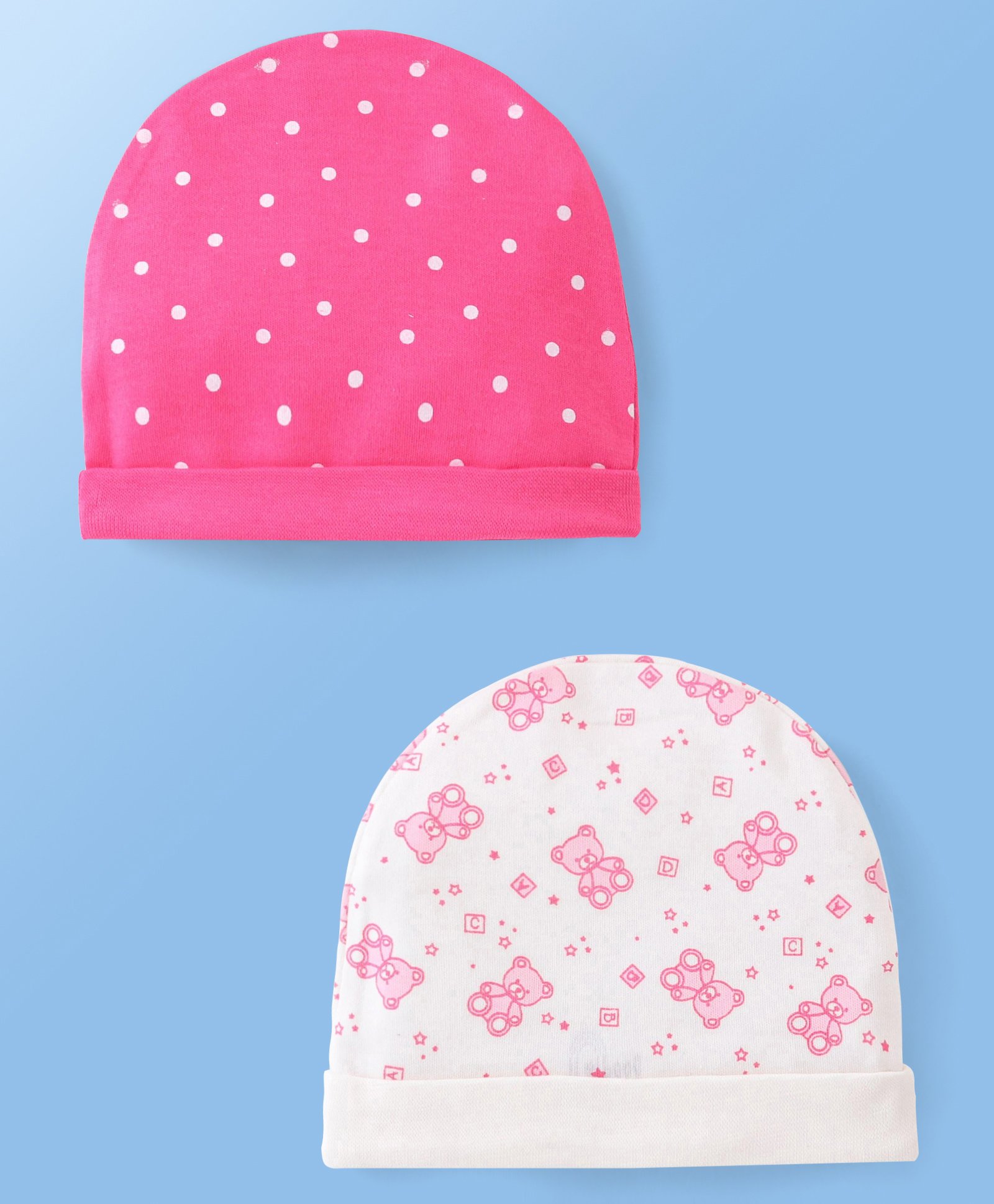 Doodle Poodle Interlock Cotton  Caps with Polka Dots & Teddy Print Pack of 2 Pink & White - Diameter 10.5 cm-picture-35