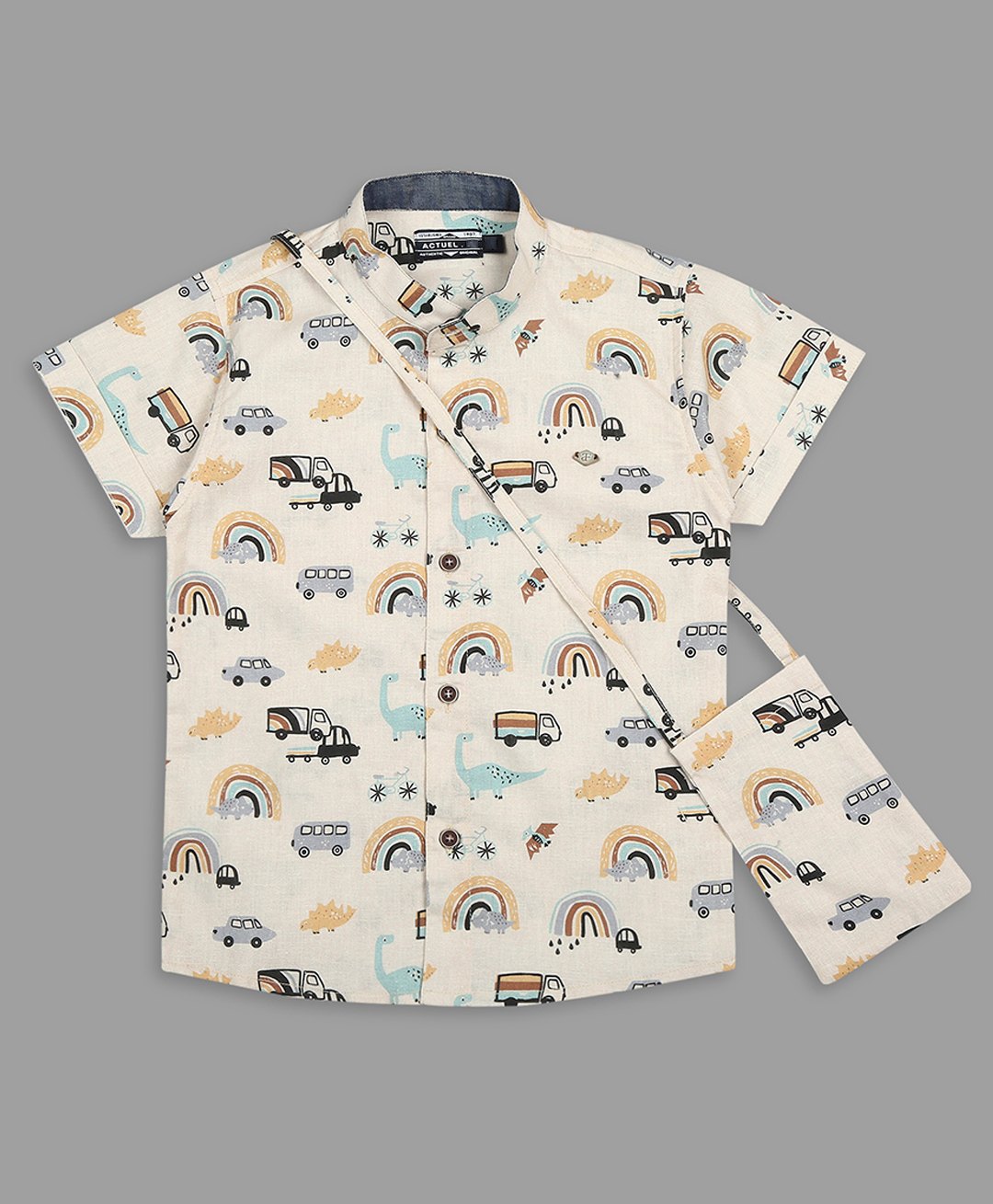 Actuel Cotton Linen Half Sleeves Rainbow & Vehicles Printed Shirt With Hanging Mobile Purse - Beige Blue Green Brown & Grey-picture-21