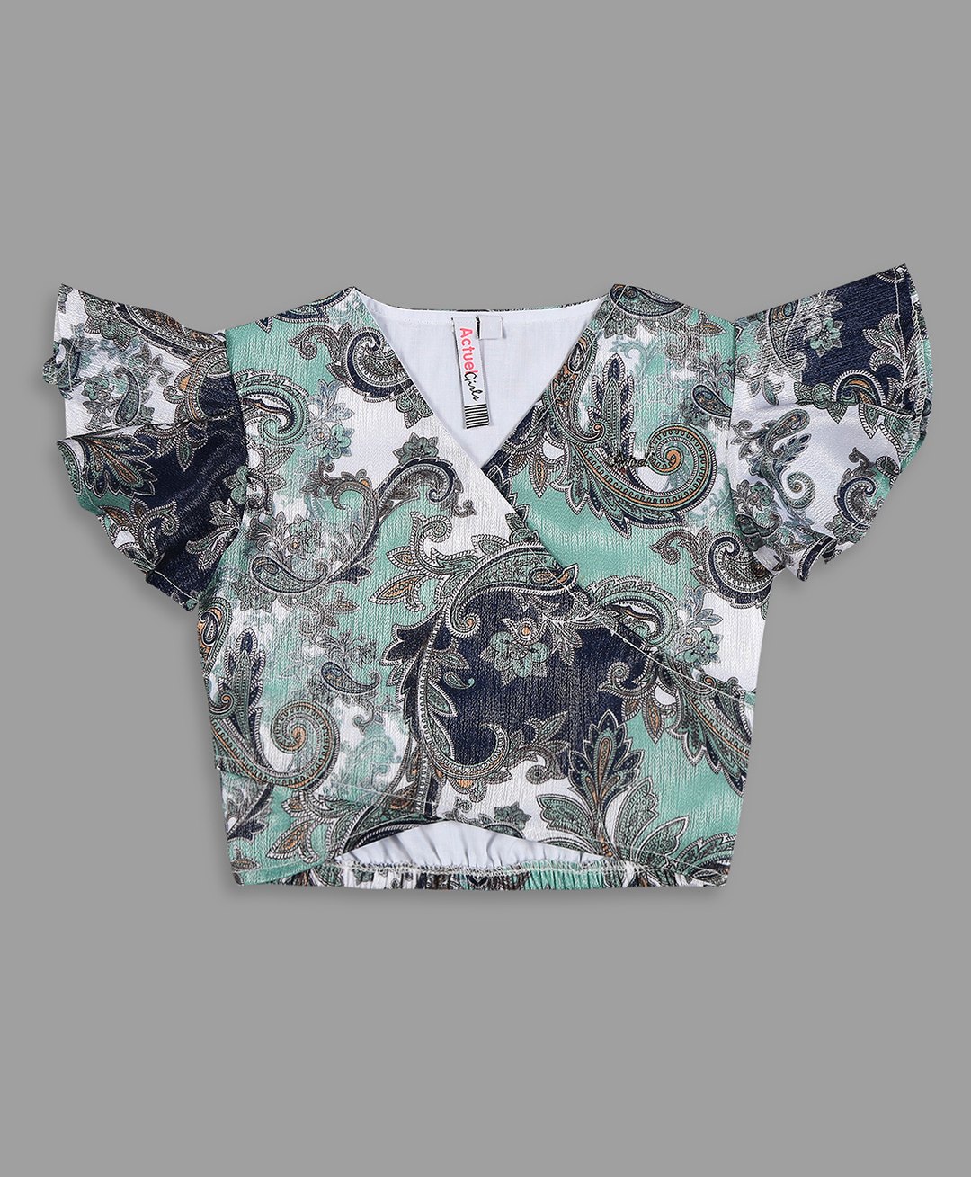 Actuel Frill Sleeves Floral Printed Crop Top - Green Blue & White-picture-10