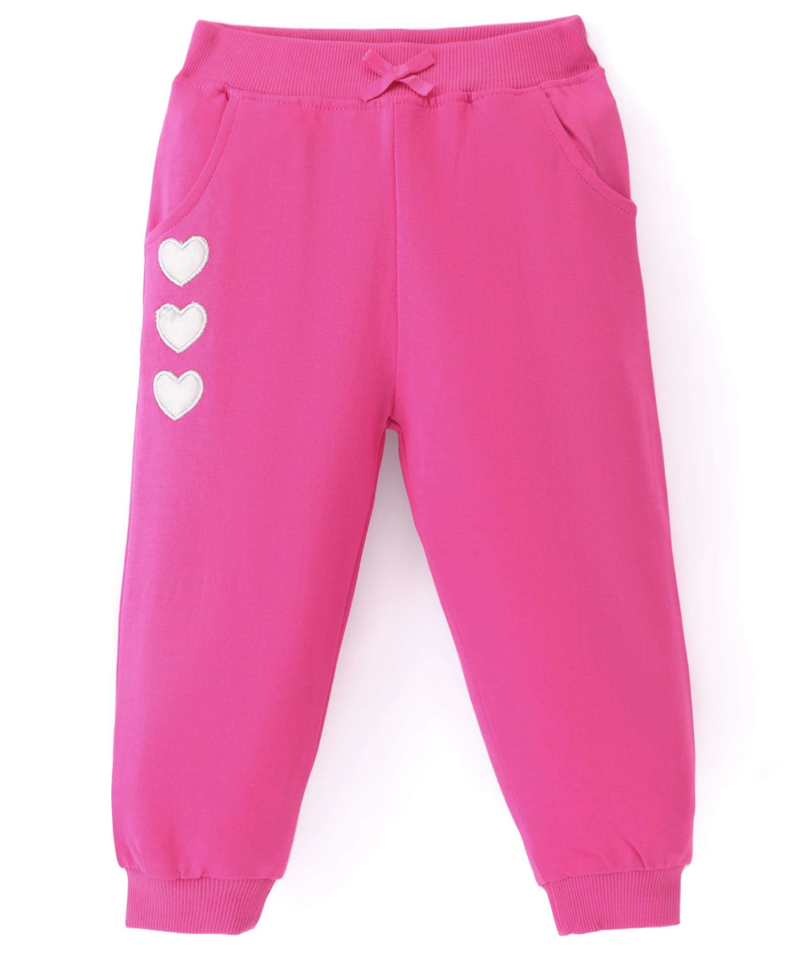 Babyhug Cotton Knit Full Length Lounge Pants With Hearts Applique - Dark Pink-image-10