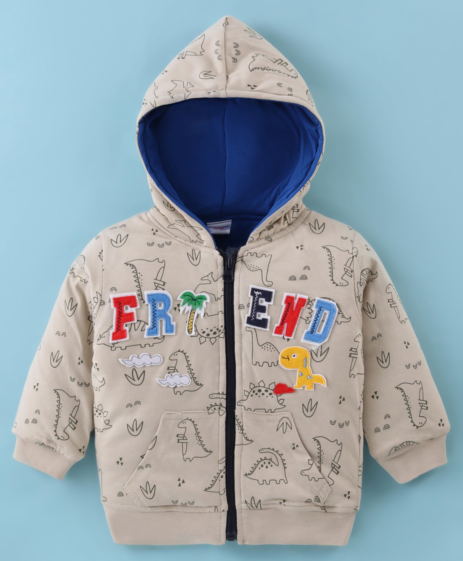 Cucumber Full Sleeves Hooded Sweatjacket With Dino Print & Patch Work Detailing - Off White-image-9