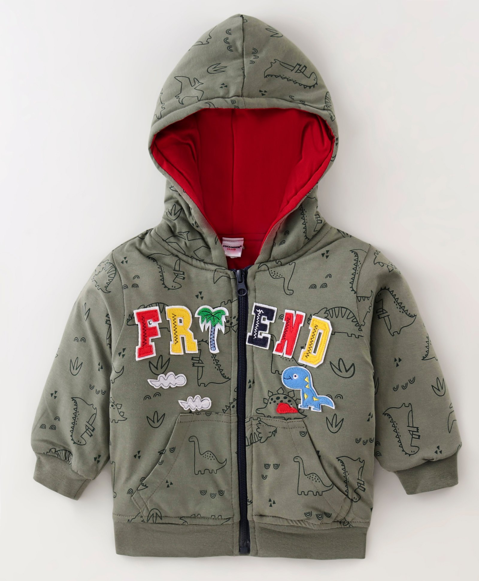 Cucumber Full Sleeves Hooded Sweatjacket With Dino Print & Patch Work Detailing - Olive Green-image-17