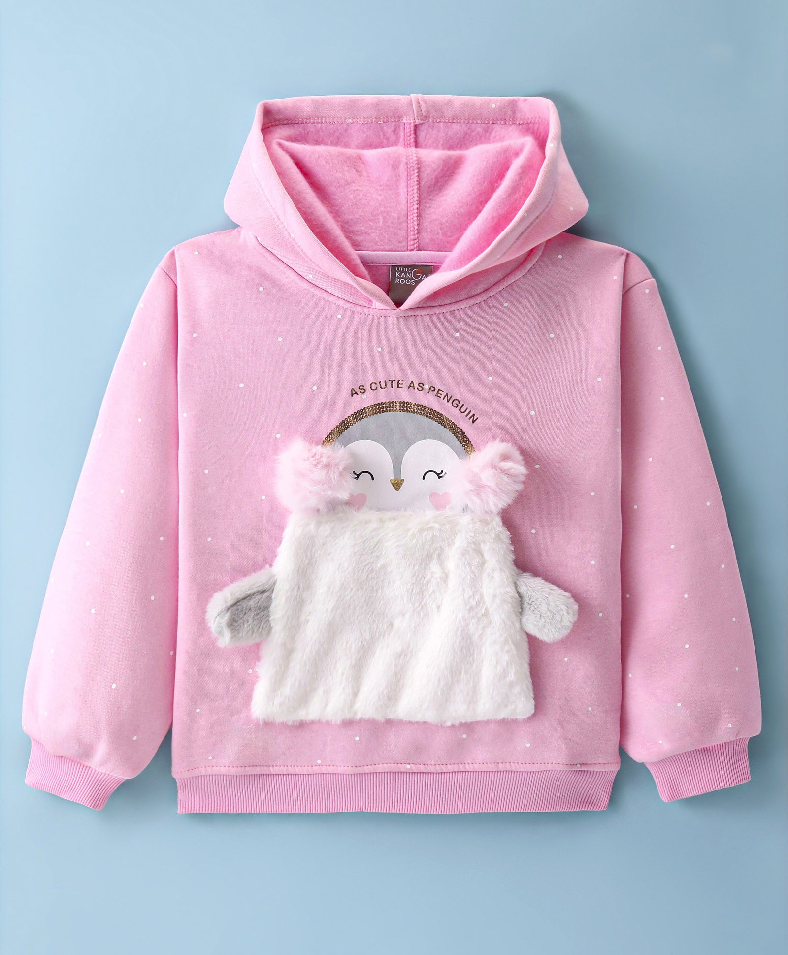 Little Kangaroos Fleece Knit Full Sleeves Hooded Sweatshirt with Penguin Applique - Pink-picture-16