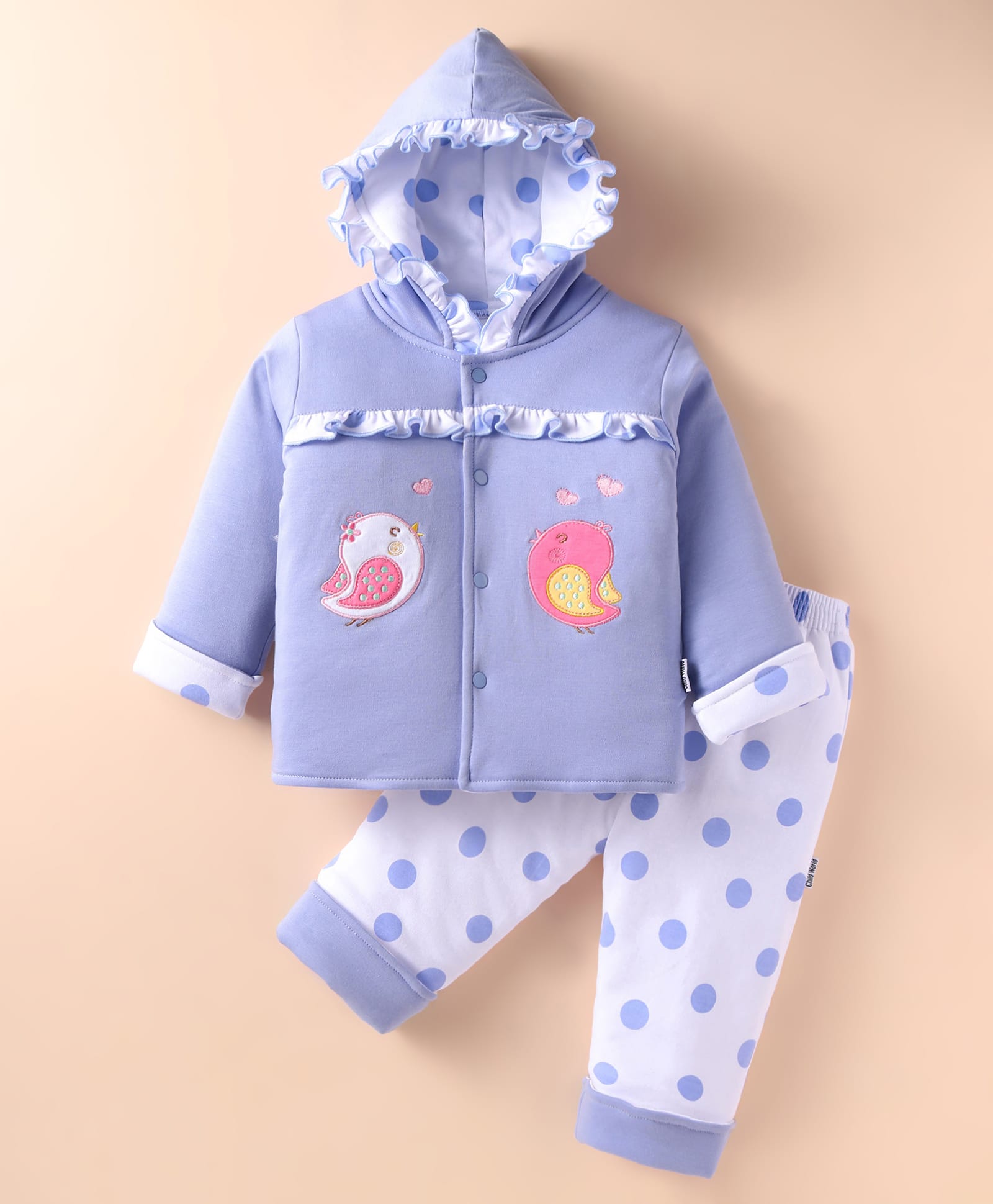 Child World Cotton Knit Full Sleeves Winter Wear Hooded Sweatjacket & Joggers Set with Sparrow Patch & Print - Lilac-picture-12