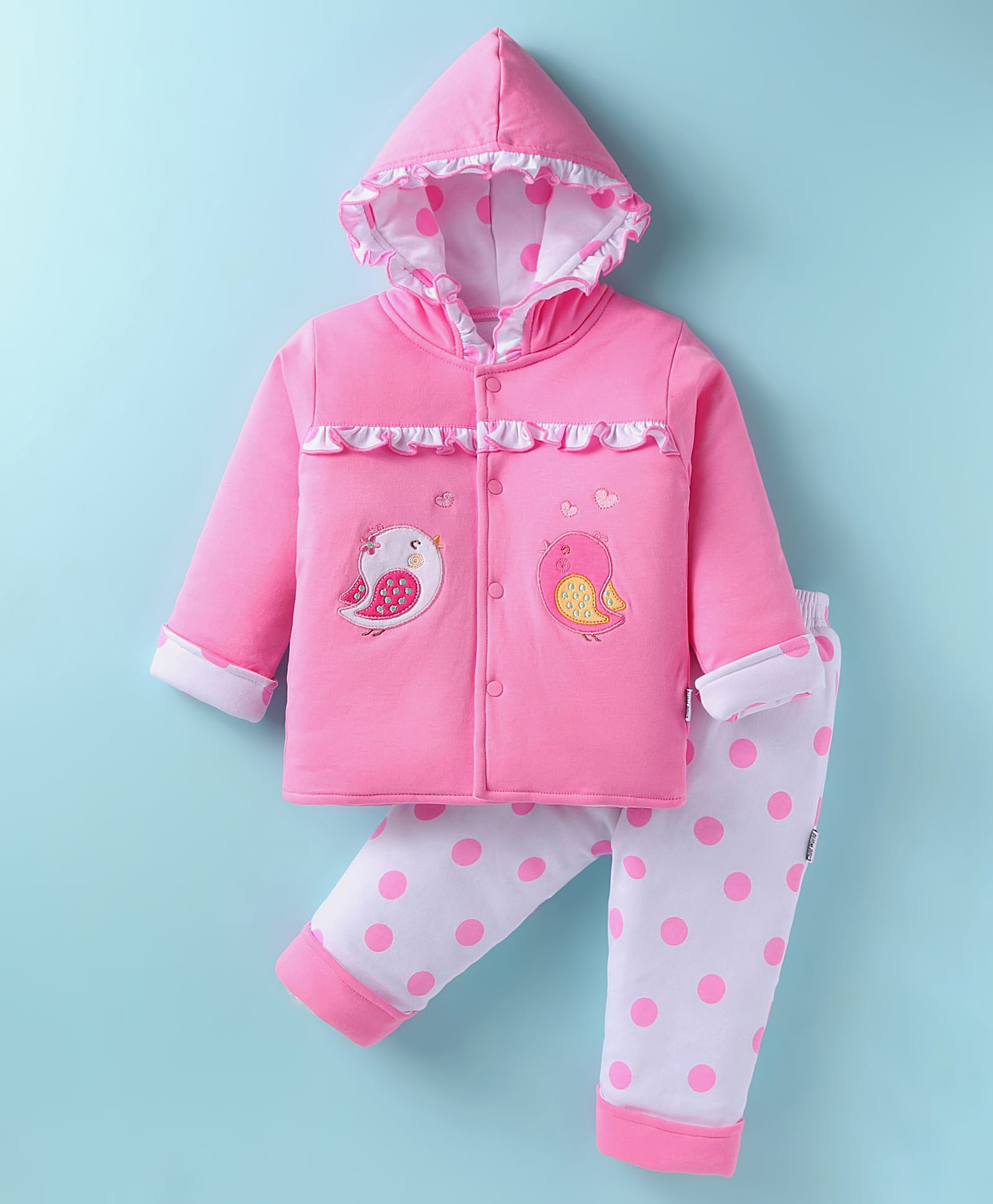 Child World Cotton Knit Full Sleeves Winter Wear Hooded Sweatjacket & Joggers Set with Sparrow Patch & Print - Pink-picture-48