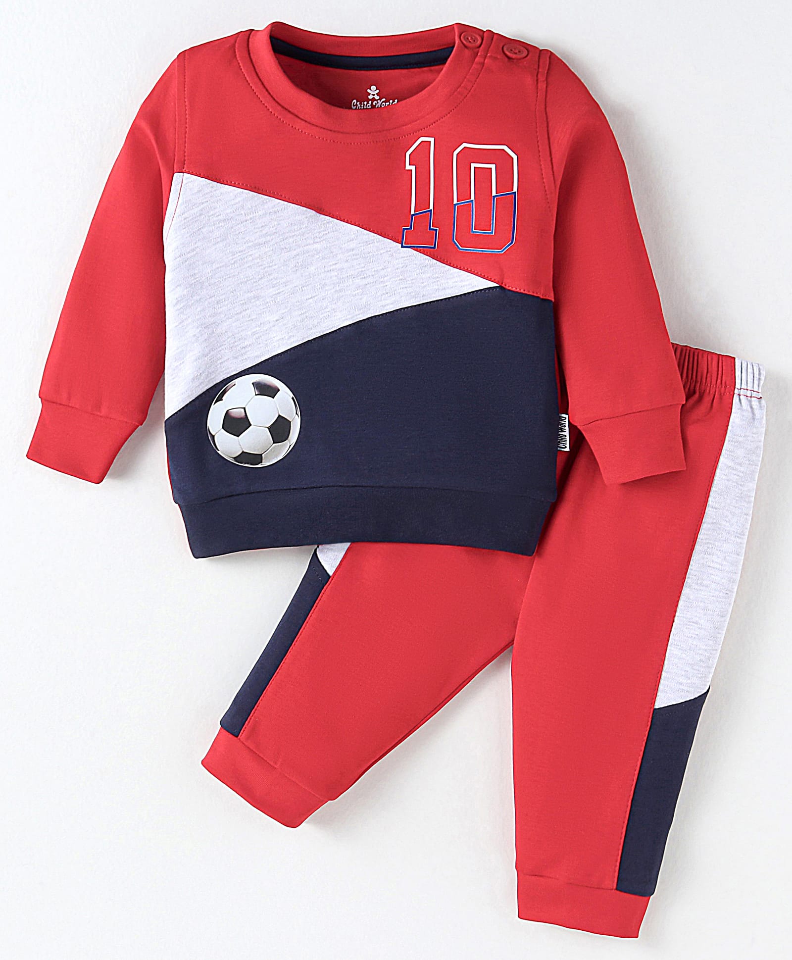 Child World Cotton Knit Full Sleeves Cut & Sew T-Shirt & Lounge Pants Set With Football Print - Red-picture-28
