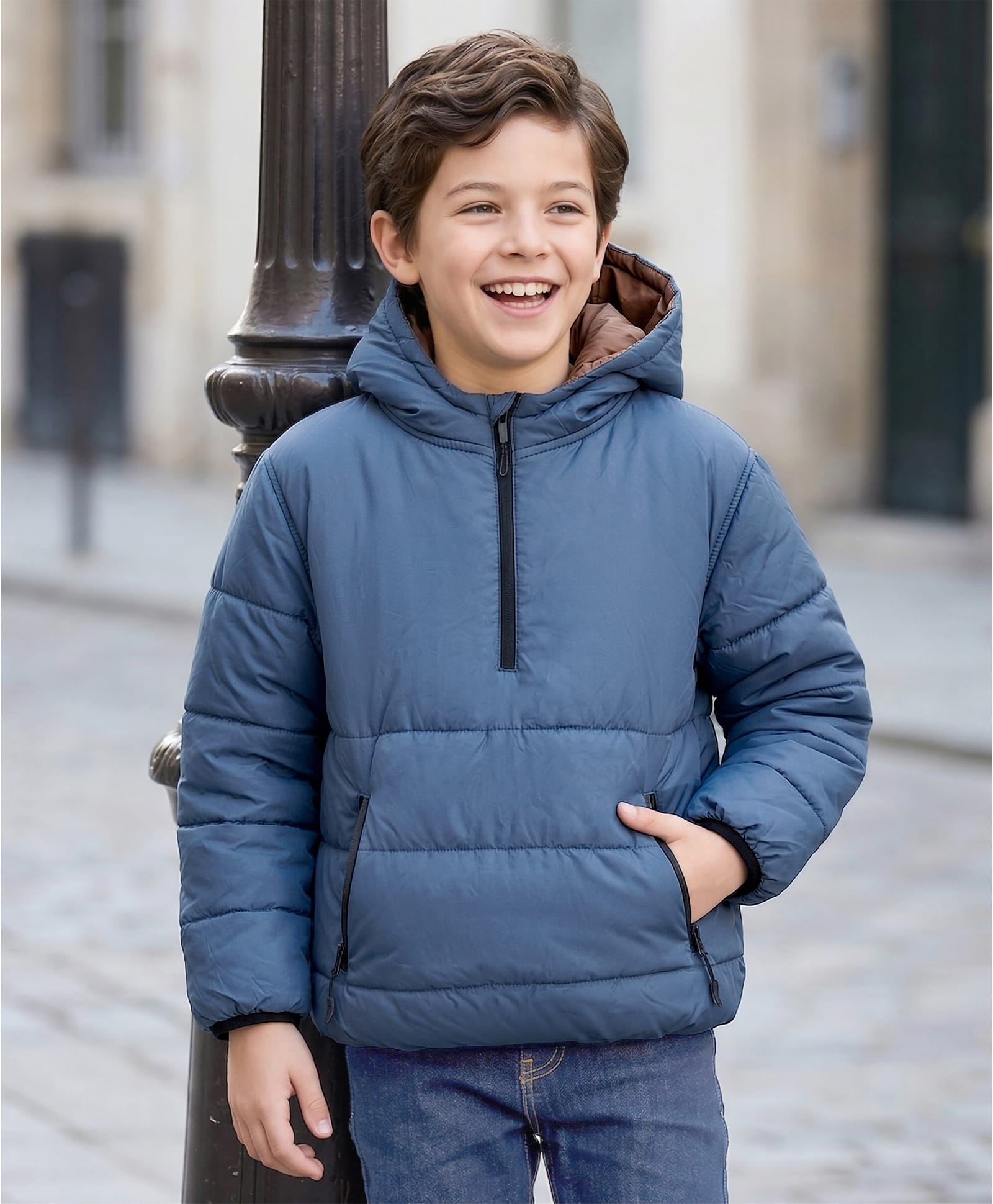 Little Kangaroos Full Sleeves Padded Jacket with Hood Solid Colour - Navy Blue-picture-25