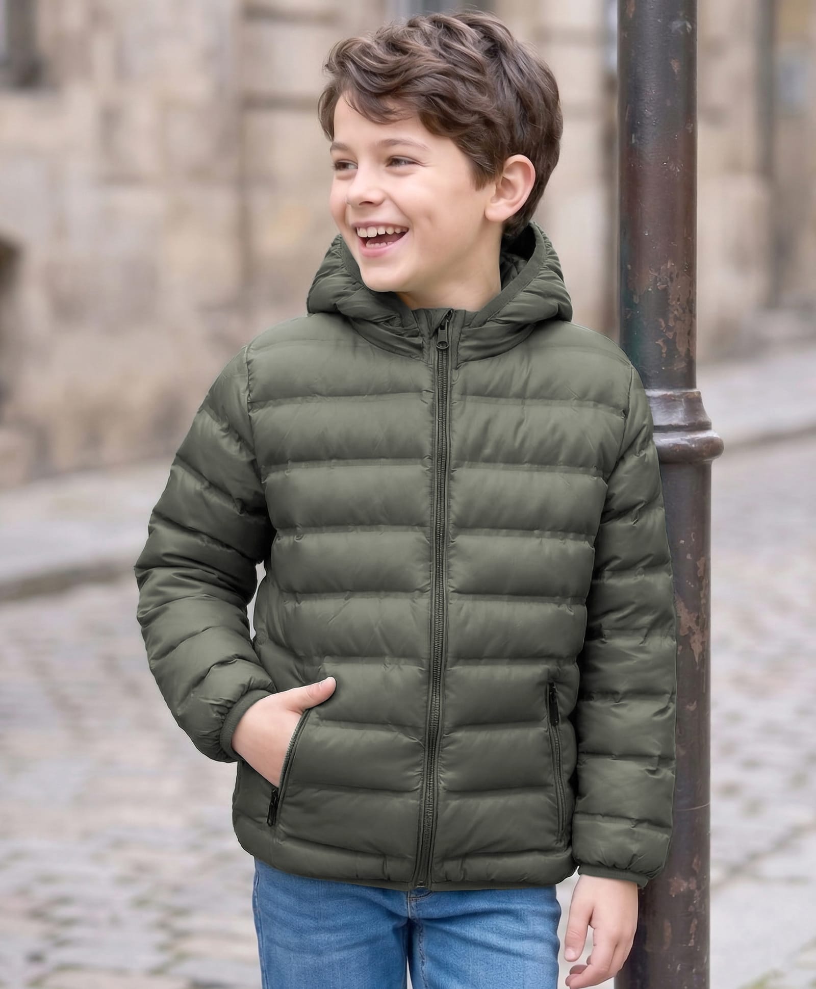 Little Kangaroos Full Sleeves Padded & Hooded Jacket with Pocket Solid Colour - Olive-picture-10