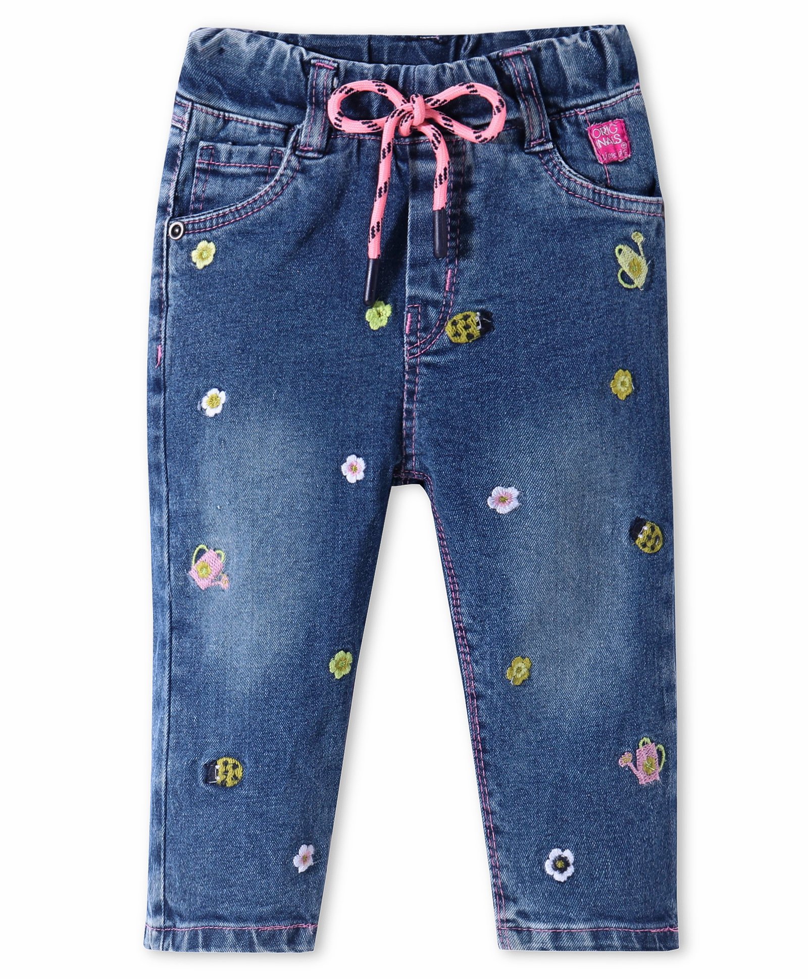 Olio Kids Denim Full Length Jeans with Floral and Bees Embroidery Detailing - Deep Blue-image-14
