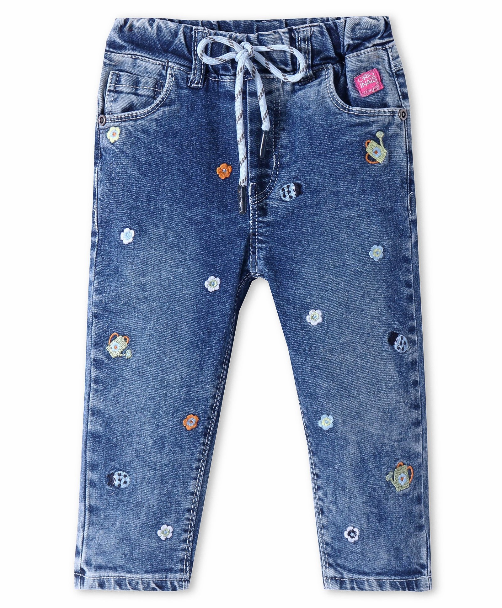 Olio Kids Denim Full Length Jeans with Floral and Bees Embroidery Detailing - Light Blue-picture-15