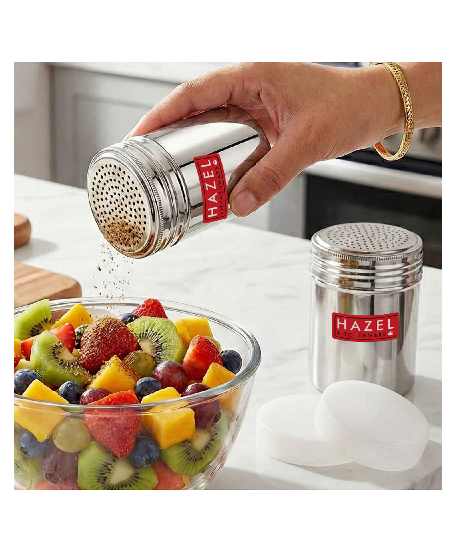 HAZEL Stainless Steel Powder Shaker And Plastic Lid Cap|Dredger without Handle |Salt And Pepper Cellar Cocoa Chocolate Powder Shaker, 310 ml, Set of 2, Silver-image-40