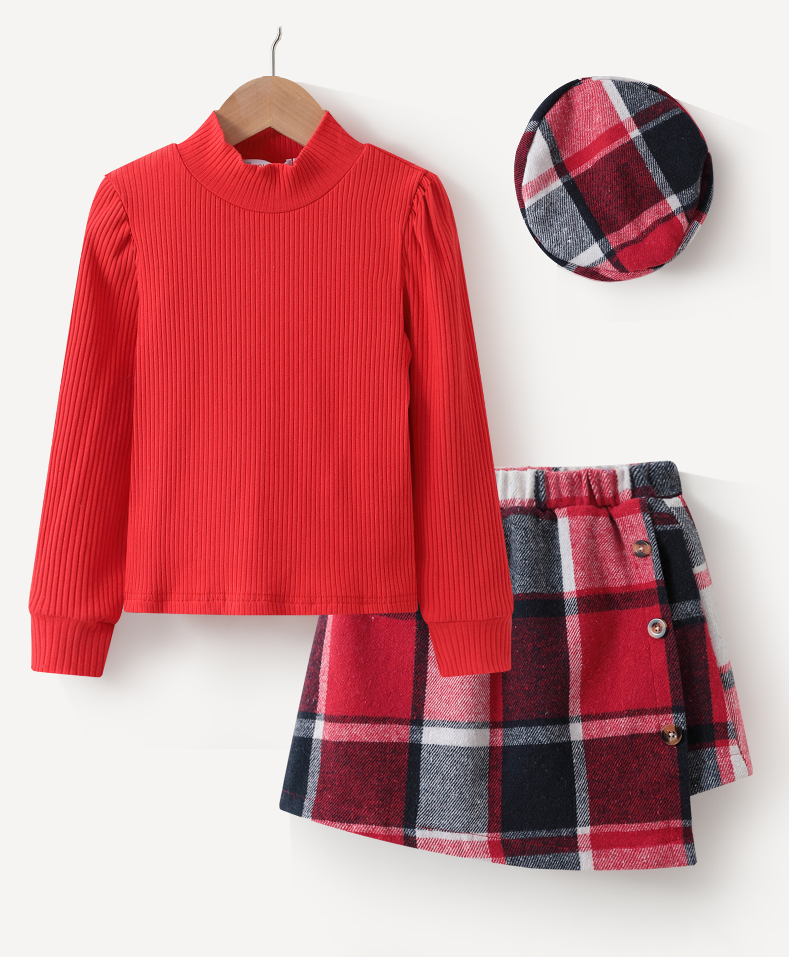 Kookie Kids Cotton Full Sleeves Turtle Neck Top & Checkered Skirt Set - Red-picture-20