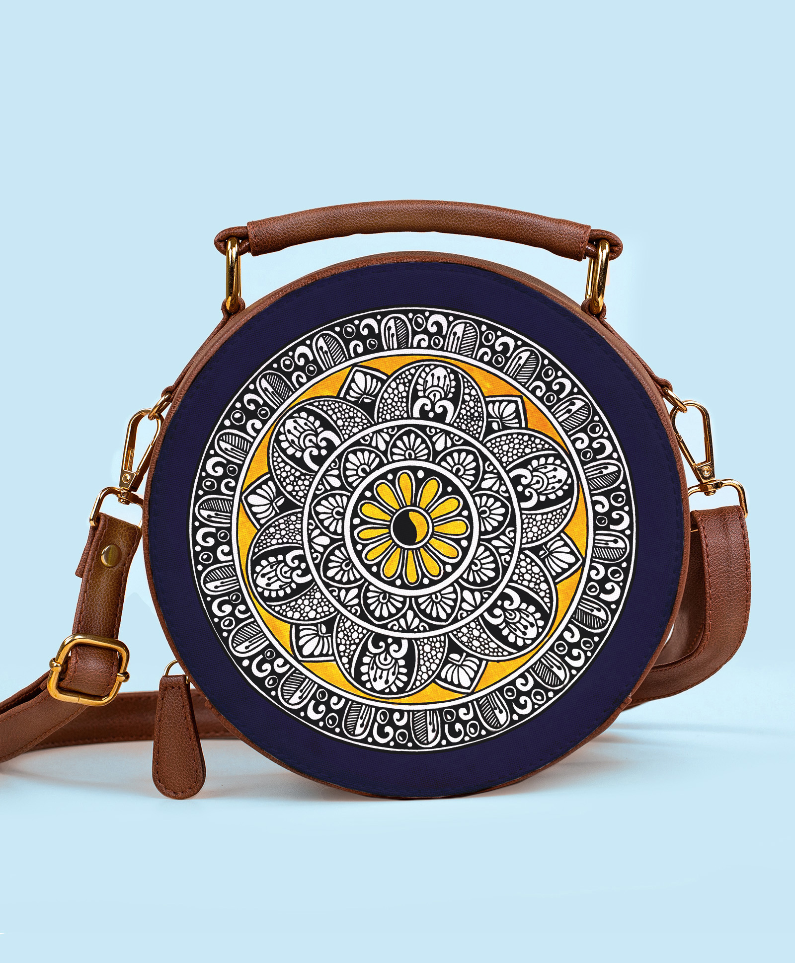 Kalankit Round Sling Bags For Women | Travel Crossbody Shoulder Sling With Adjustable Strap | Mandala | Blue-image-3