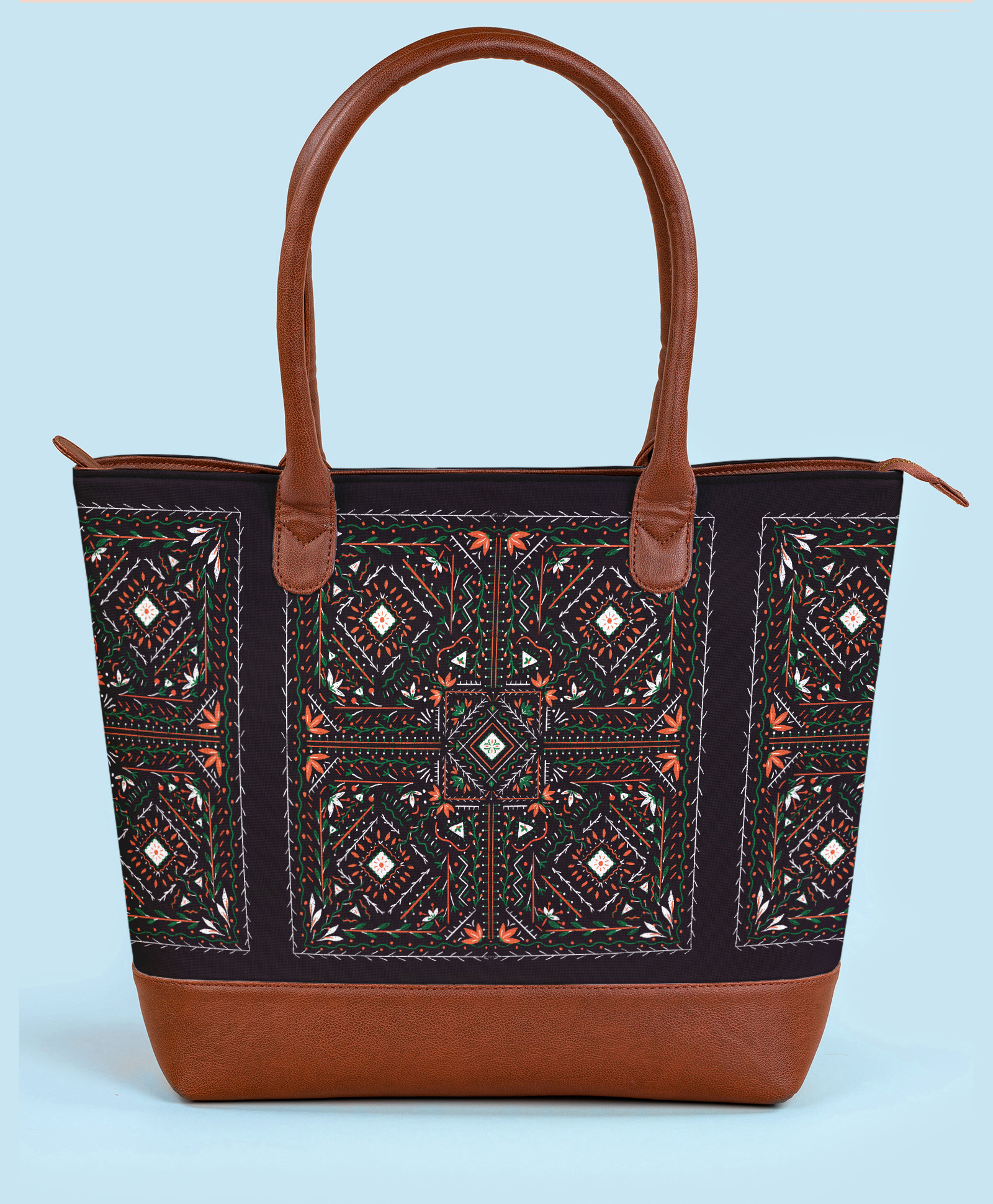 Kalankit Everyday Handbags For Women | Spacious Fatty Tote Bag With Zipper | Bengali Era Designer | mandala | black-image-27