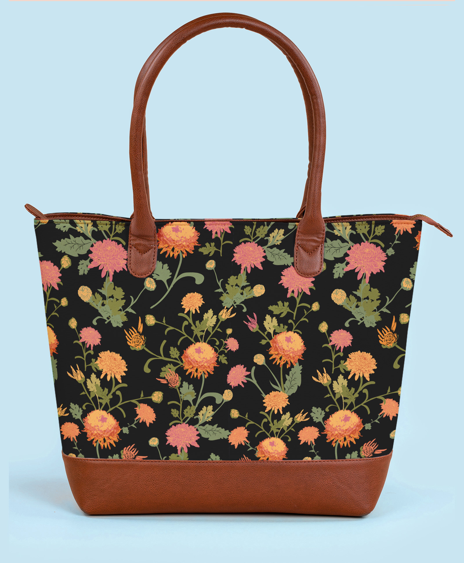 Kalankit Tote Bags With Zipper | Travel Tote Bags For Women | Vegan Leather | Spacious Office Bag | black | floral-image-6