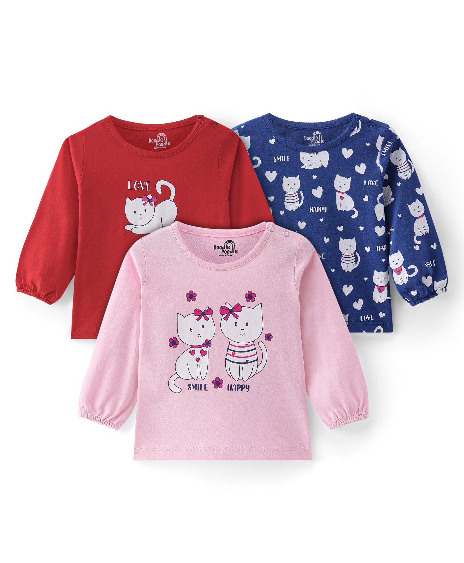 Doodle Poodle 100% Cotton Single Jersey Knit Full Sleeves Kitty Printed Tops Pack of 3 - Pink Blue & Red-image-23