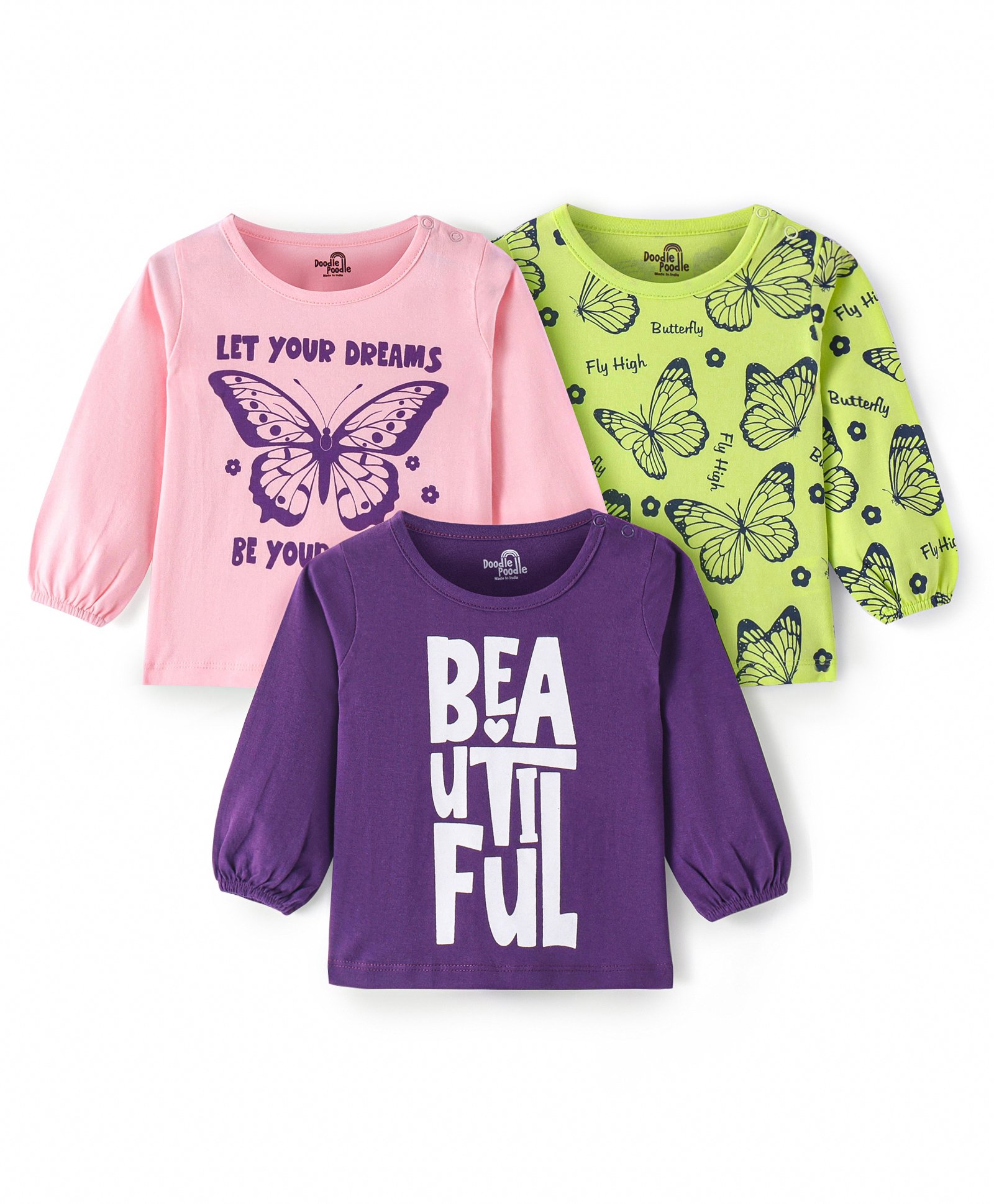 Doodle Poodle 100% Cotton Knit Full Sleeves Butterfly & Text Print Tops Pack of 3 - Purple Peach & Lime-picture-18
