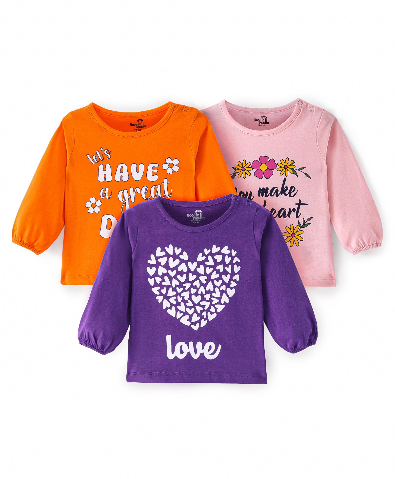 Doodle Poodle 100% Cotton Single Jersey Knit Full Sleeves Floral & Hearts Printed Tops Pack of 3 - Orange Purple & Pink-picture-17